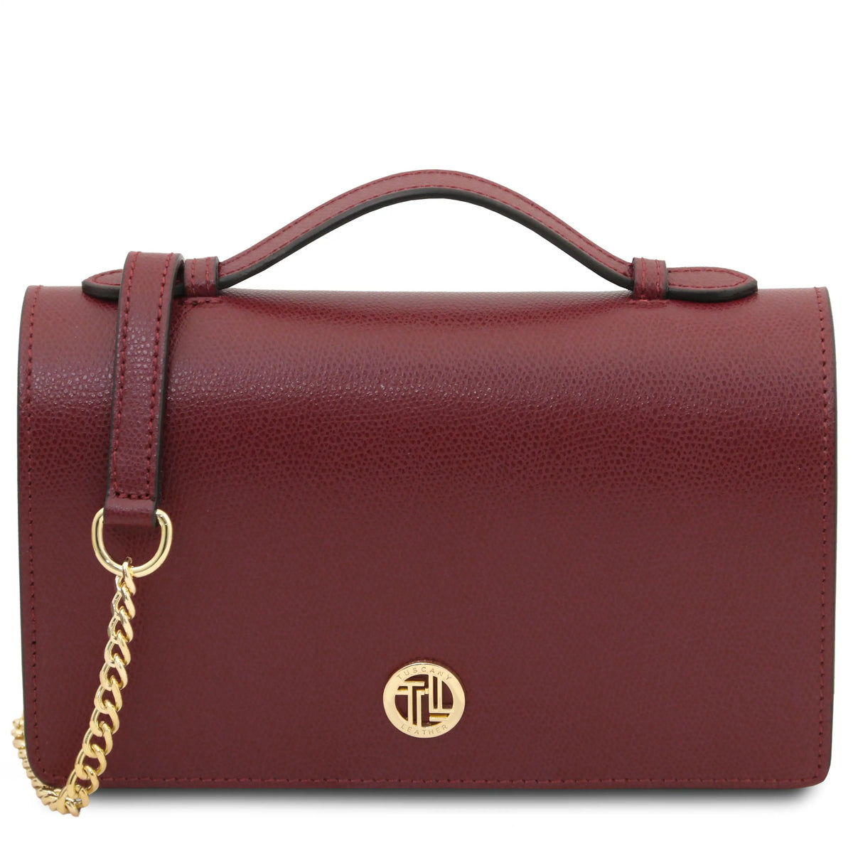 A bordeaux pebbled leather handbag with a top handle, a gold chain strap, and a gold TL circular logo on the front, shown against a plain white background.