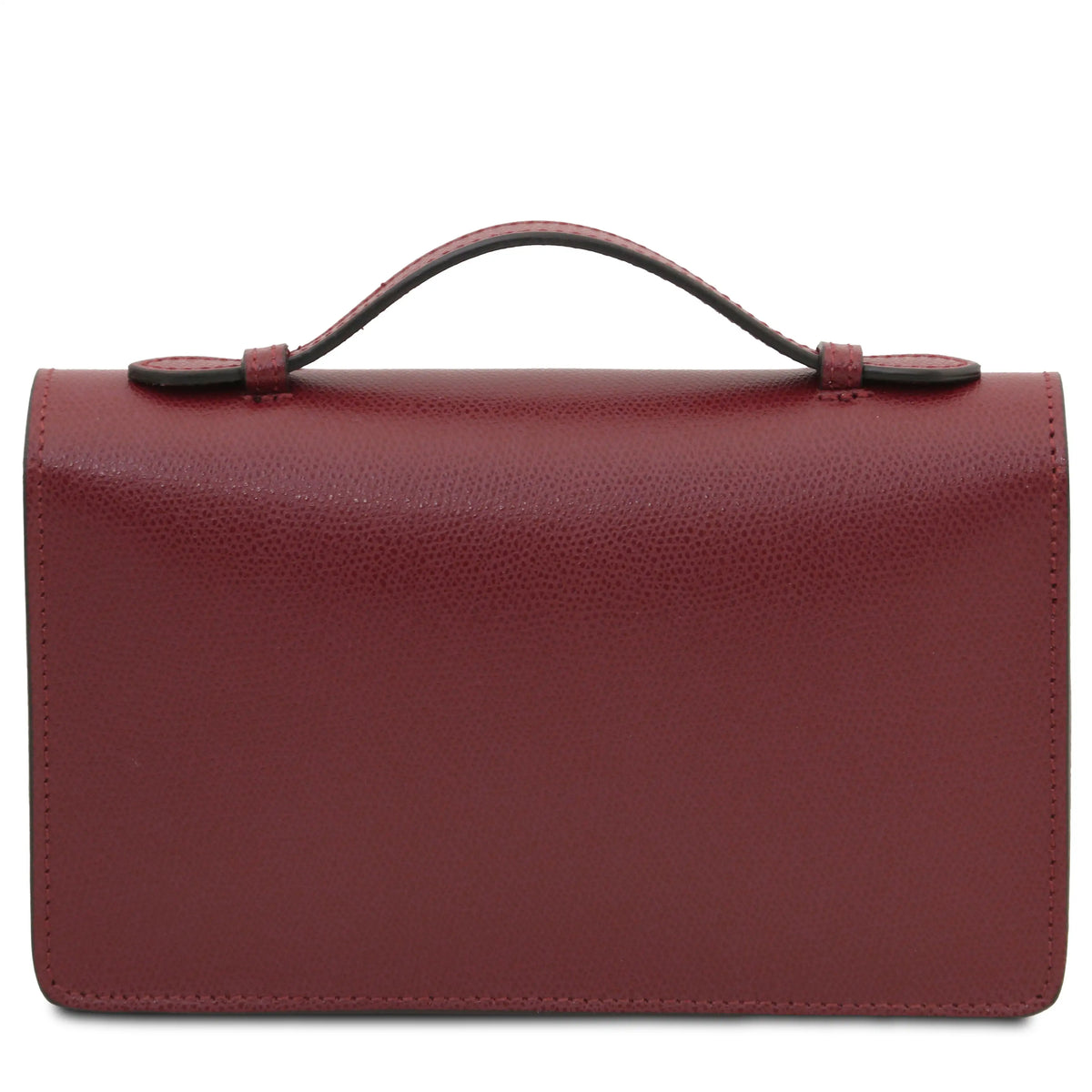 Bacj view bordeaux leather clutch bag with a top handle, shown against a plain white background.