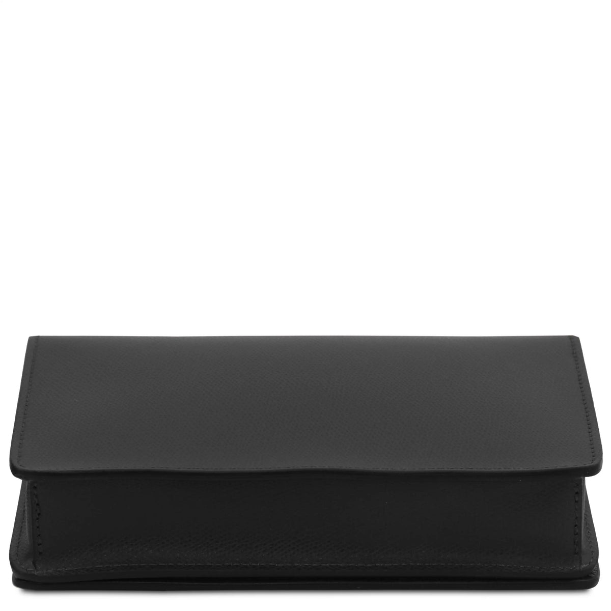Bottom view  black leather clutch with a textured finish against a plain white background.