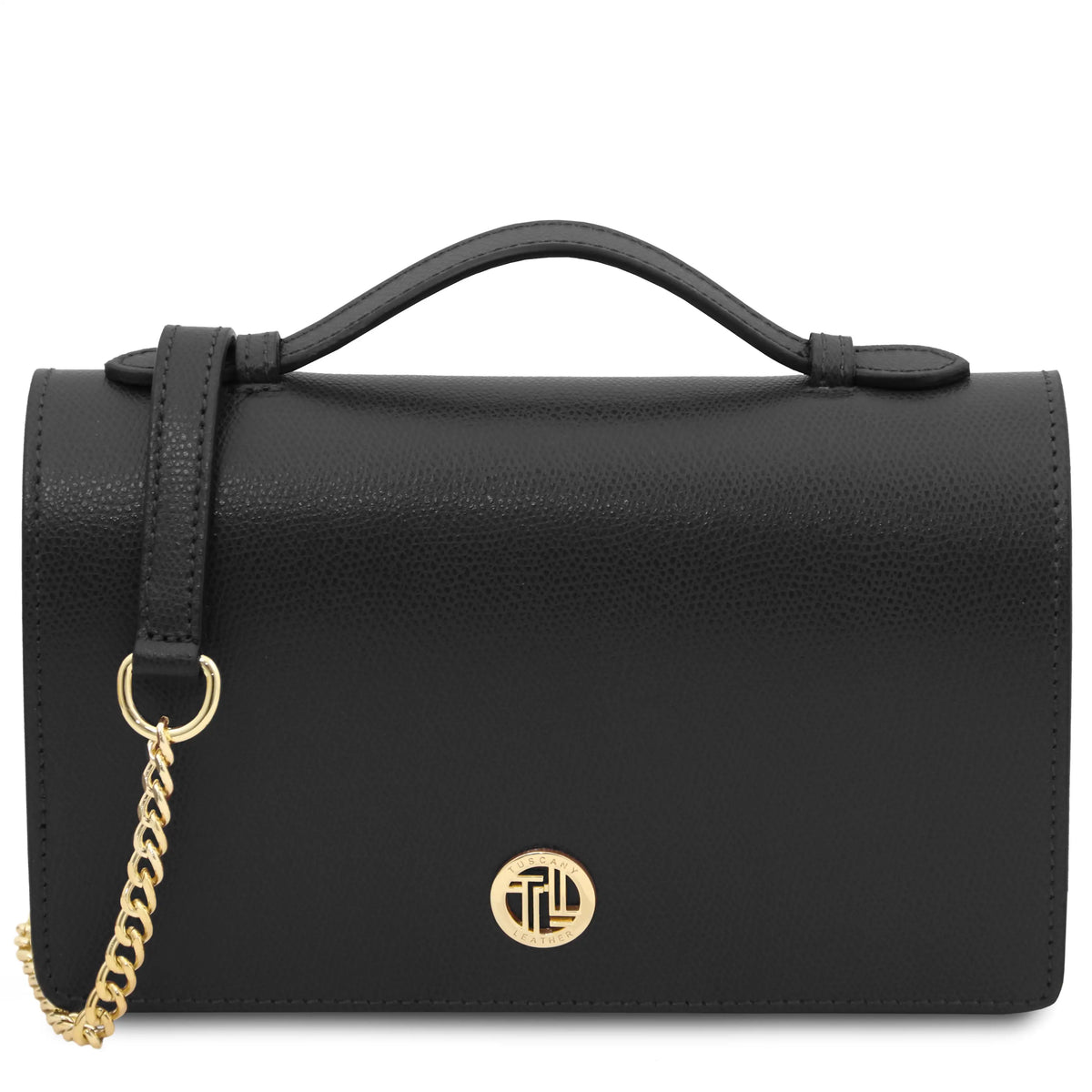 A black leather handbag with a top handle, a gold-tone chain strap, and a circular gold-tone logo medallion on the front, shown against a plain white background.