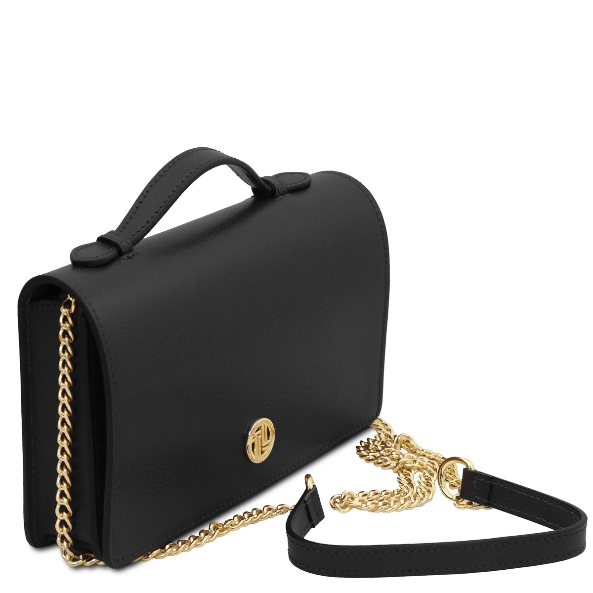 A black leather shoulder bag with a top handle, gold chain strap, and a gold circular logo medallion on the front, shown on a plain white background.