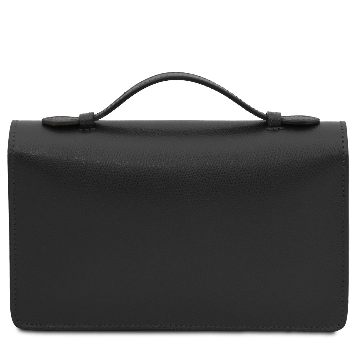 Back view of a black pebbled leather clutch bag with a top handle, shown against a plain white background.