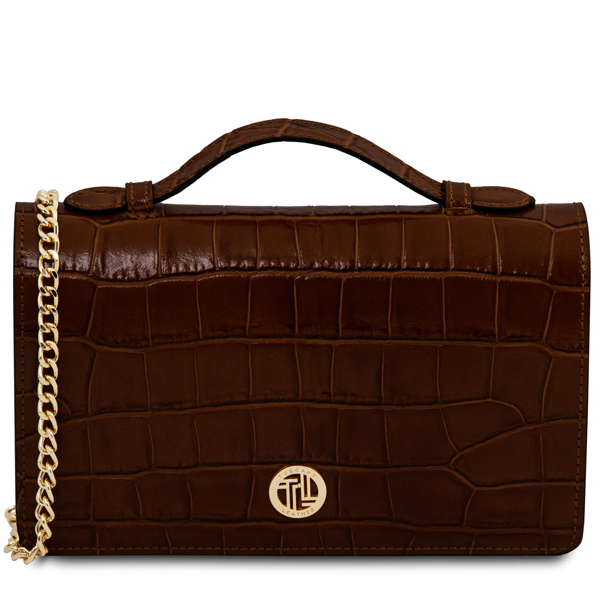 A bordeaux crocodile-embossed leather handbag with a top handle, a gold chain strap, and a gold circular logo clasp on a white background.