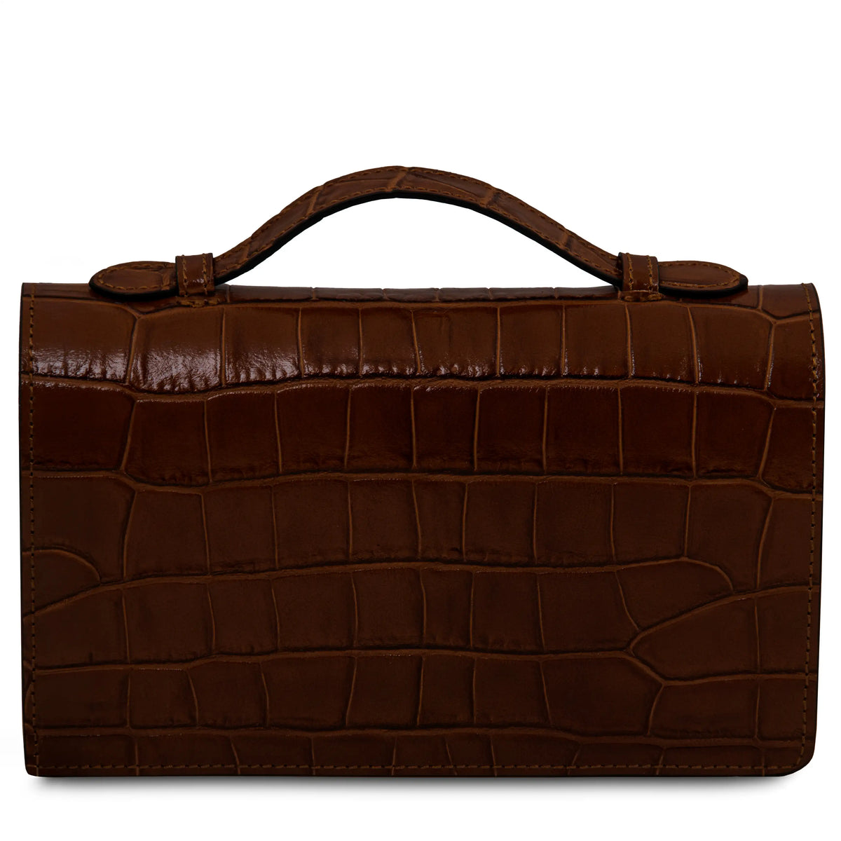 Back view of a coffee crocodile-embossed leather handbag with a top handle, shown against a plain white background.