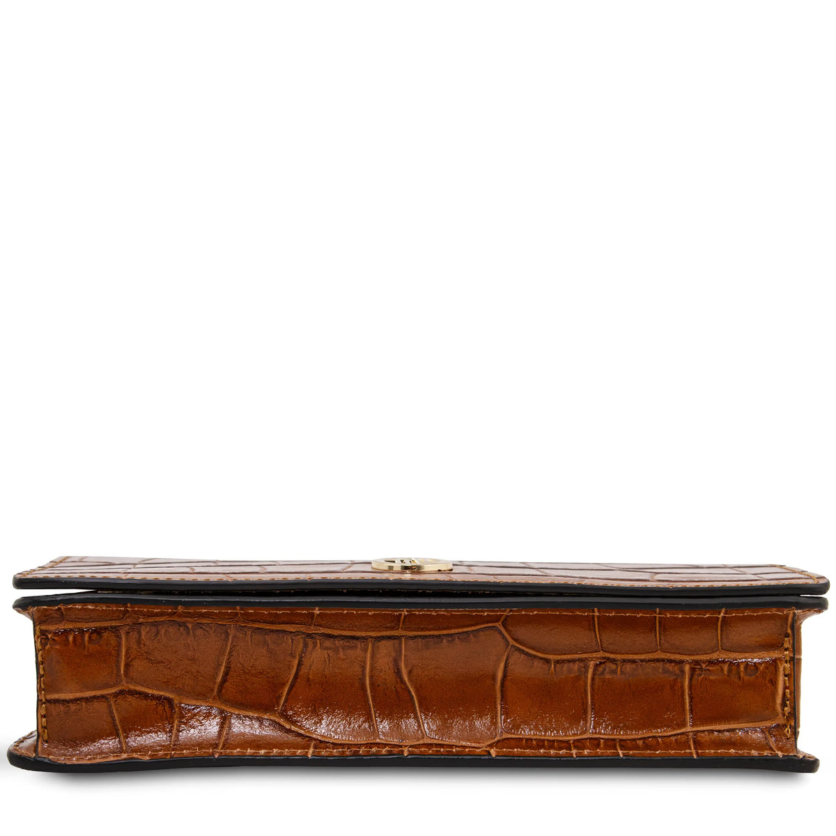 A cognac crocodile-embossed leather clutch bag shown from the bottom against a plain white background.