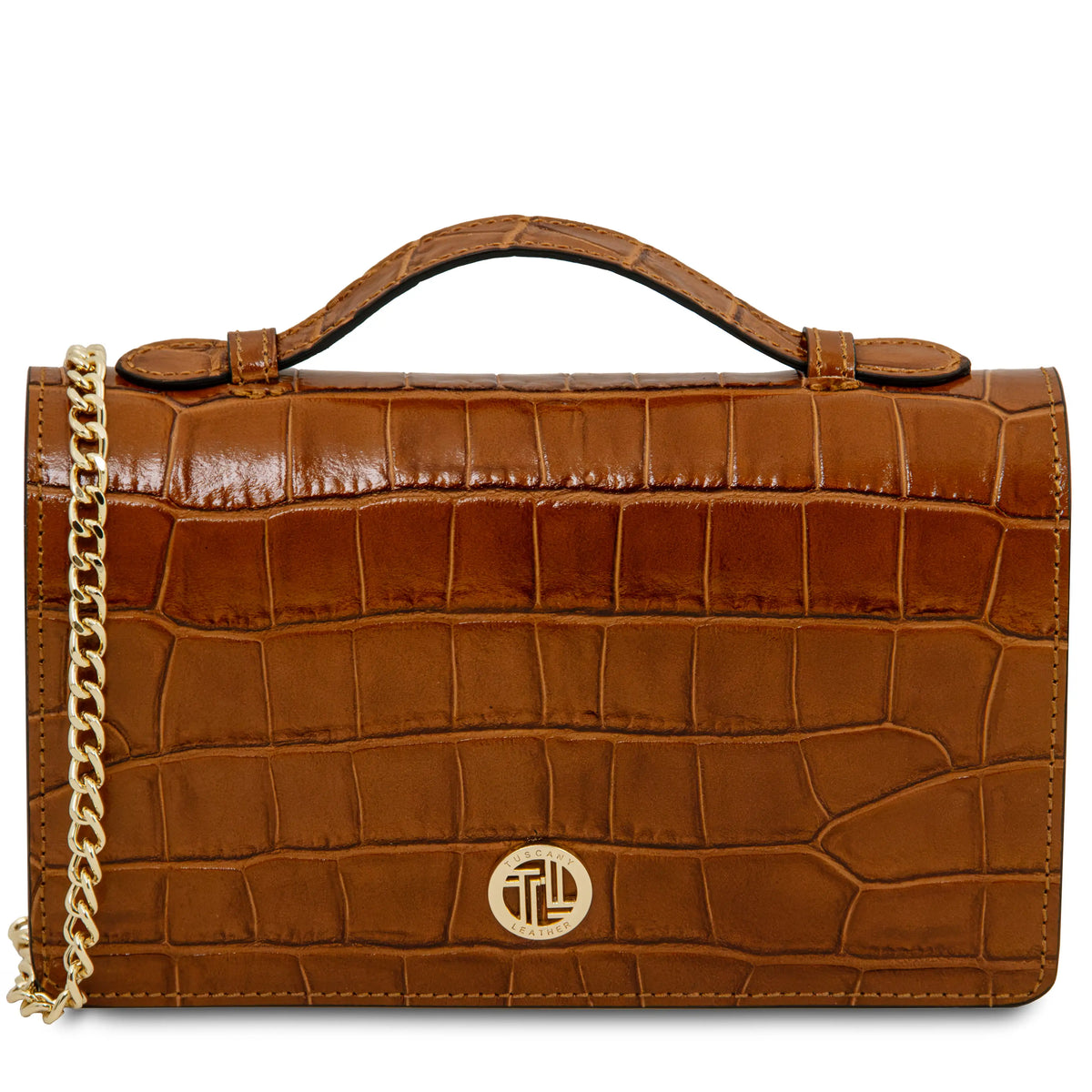 A cognac crocodile-embossed leather handbag with a top handle, a gold chain strap, and a gold circular logo clasp on a white background.