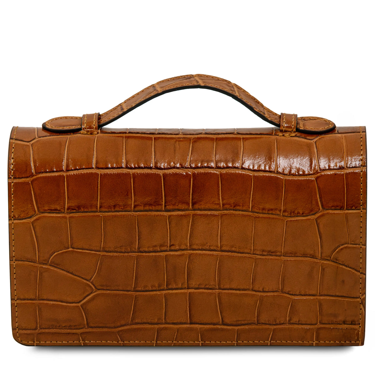 Back view of a cognac crocodile-embossed leather handbag with a top handle, shown against a plain white background.