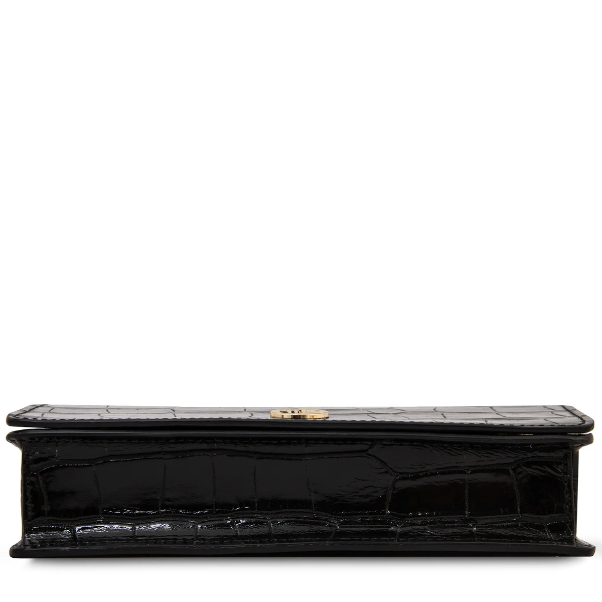 A black crocodile-embossed leather clutch bag shown from the bottom against a plain white background.