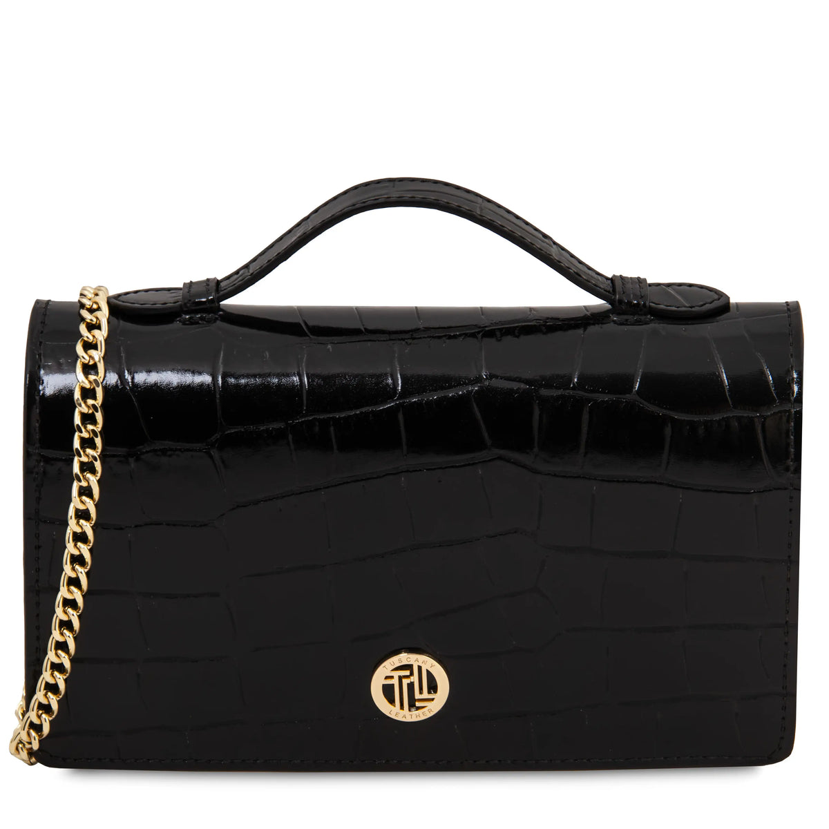 A black crocodile-embossed leather clutch handbag with a top handle, a gold chain strap, and a gold circular monogram logo on the front, set against a plain white background.