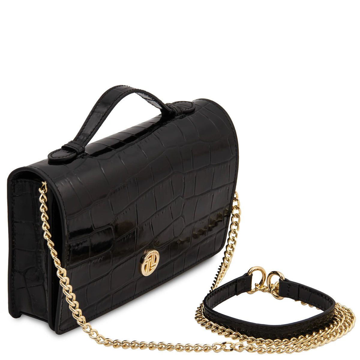 A black crocodile-embossed leather handbag with a top handle, a gold-tone circular clasp, and a gold chain strap, displayed on a clean white background.