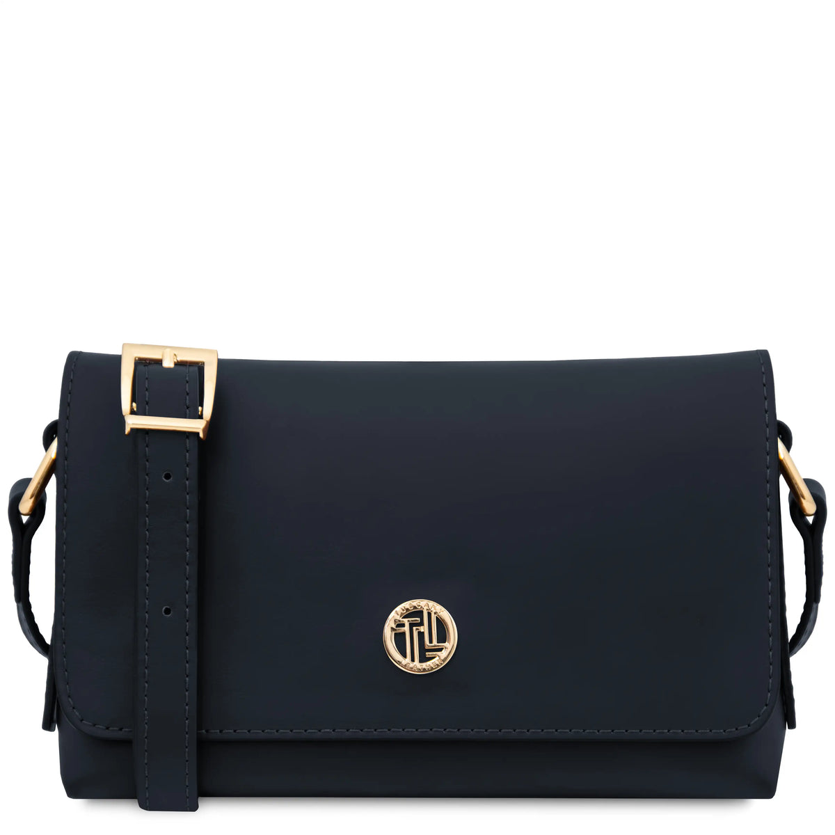 A dark navy leather crossbody bag with gold-tone hardware, featuring a front flap, shoulder strap with a gold buckle, and a circular gold monogram TL logo on the front.