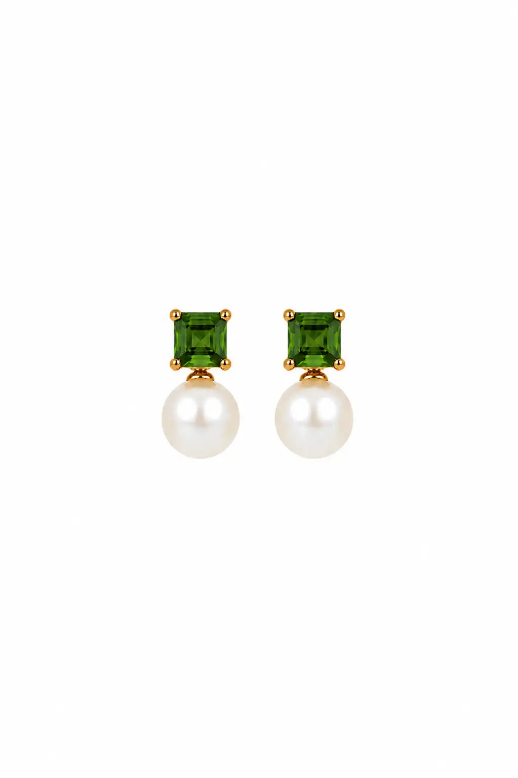 Aaliyah Stud Earrings Pearl & Green Tourmaline on a white background