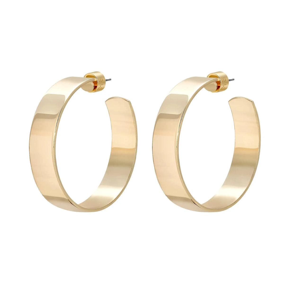 A pair of polished gold hoop earrings with a thick, open circular design and post-back closures, shown on a plain white background.