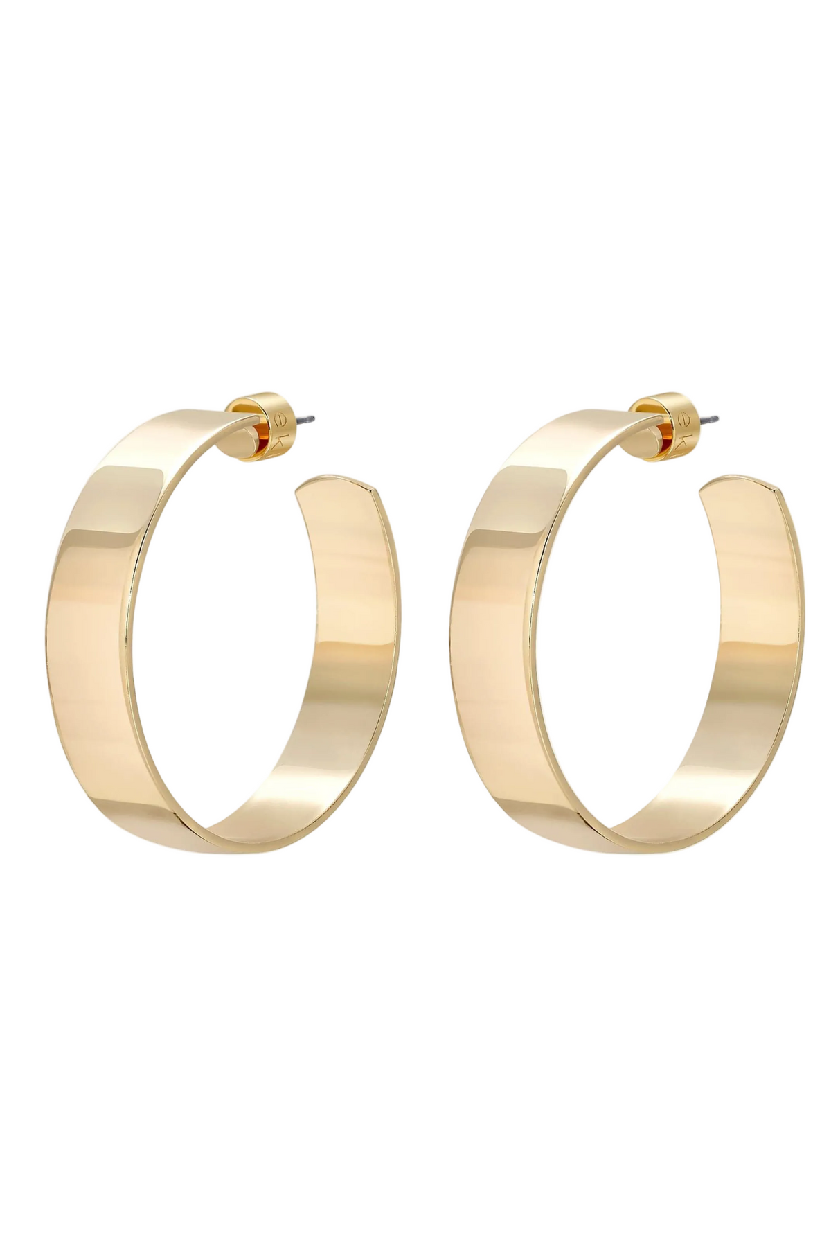 A pair of polished gold hoop earrings with a thick, open circular design and post-back closures, shown on a plain white background.