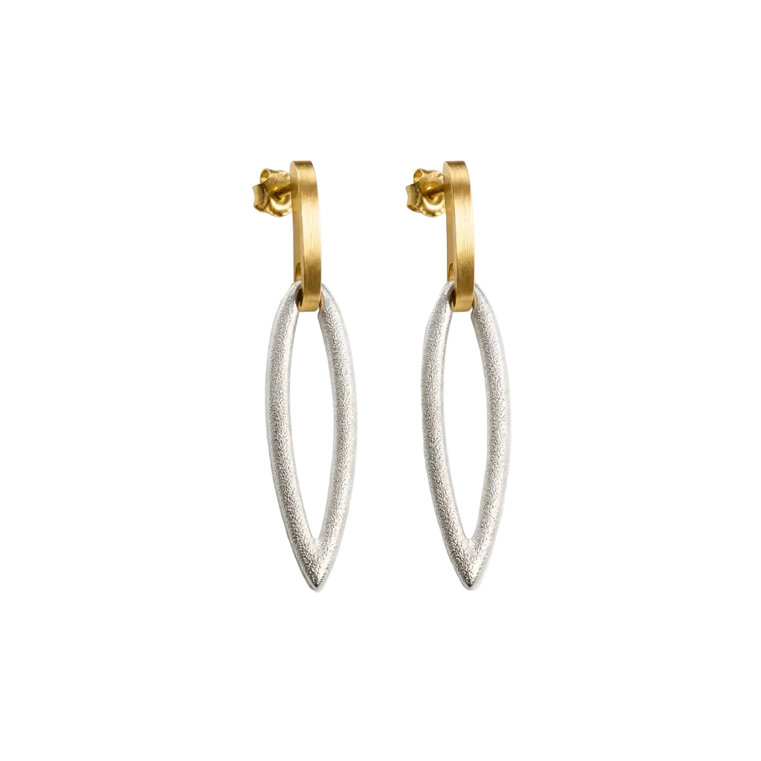 A pair of gold and silver drop earrings with textured oval dangles and post-back closures, shown on a plain white background.