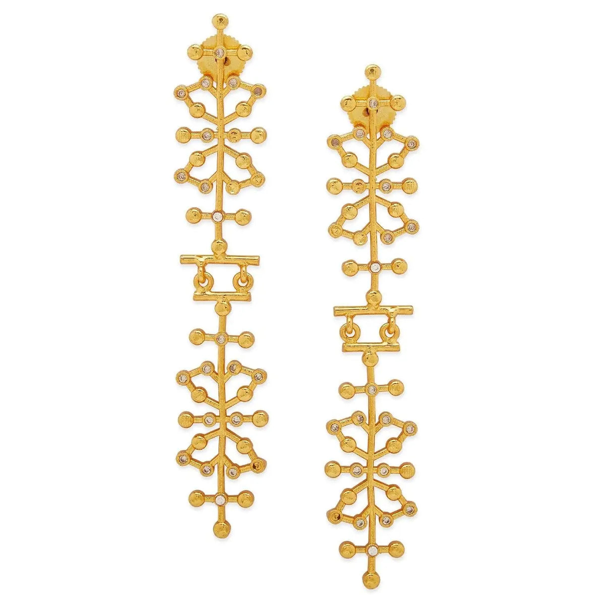 A pair of gold statement earrings with an intricate, branching dendritic pattern and small clear cz accents, displayed on a solid white background.