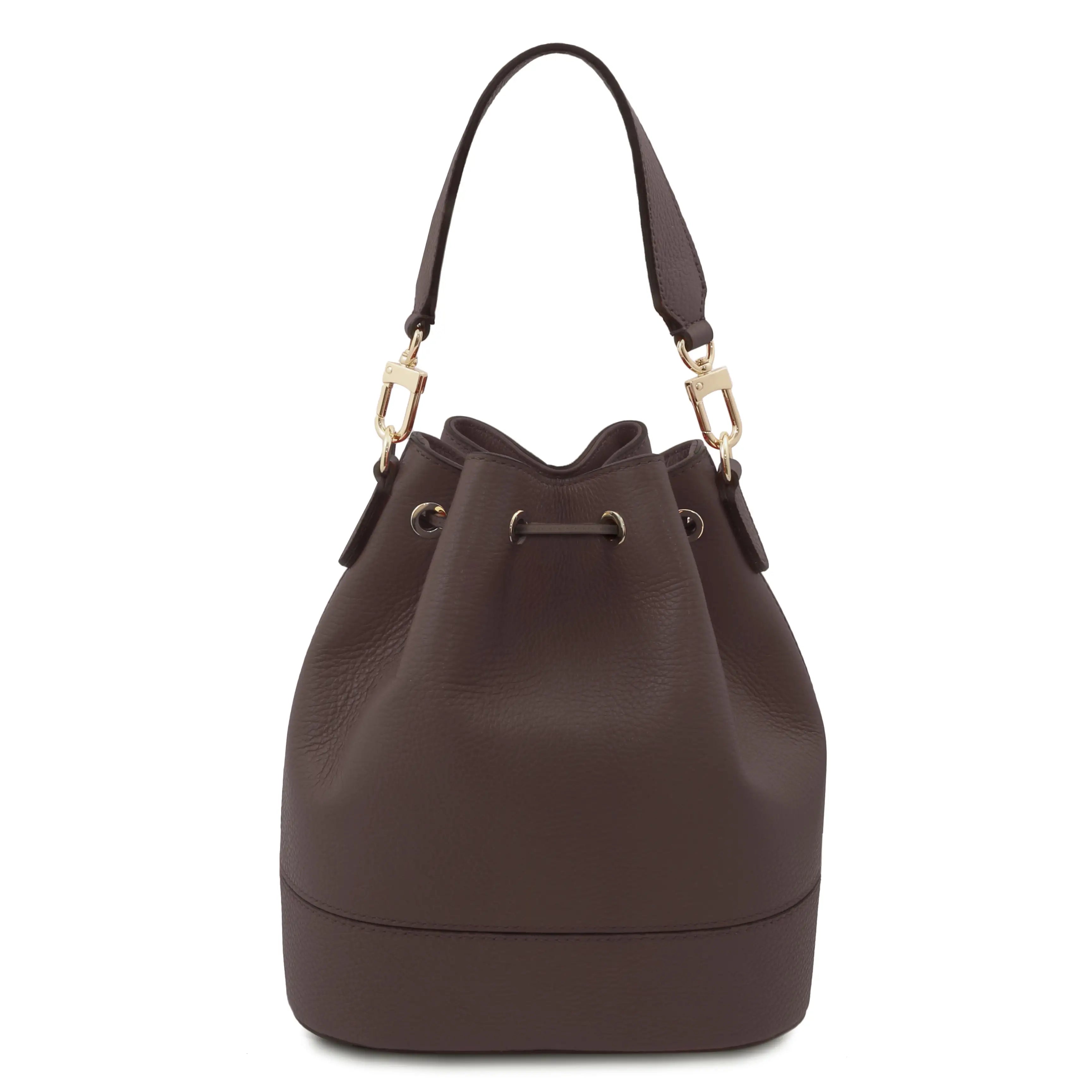 Back View TL Leather Bucket Bag Chocolate with gold accents on a white background