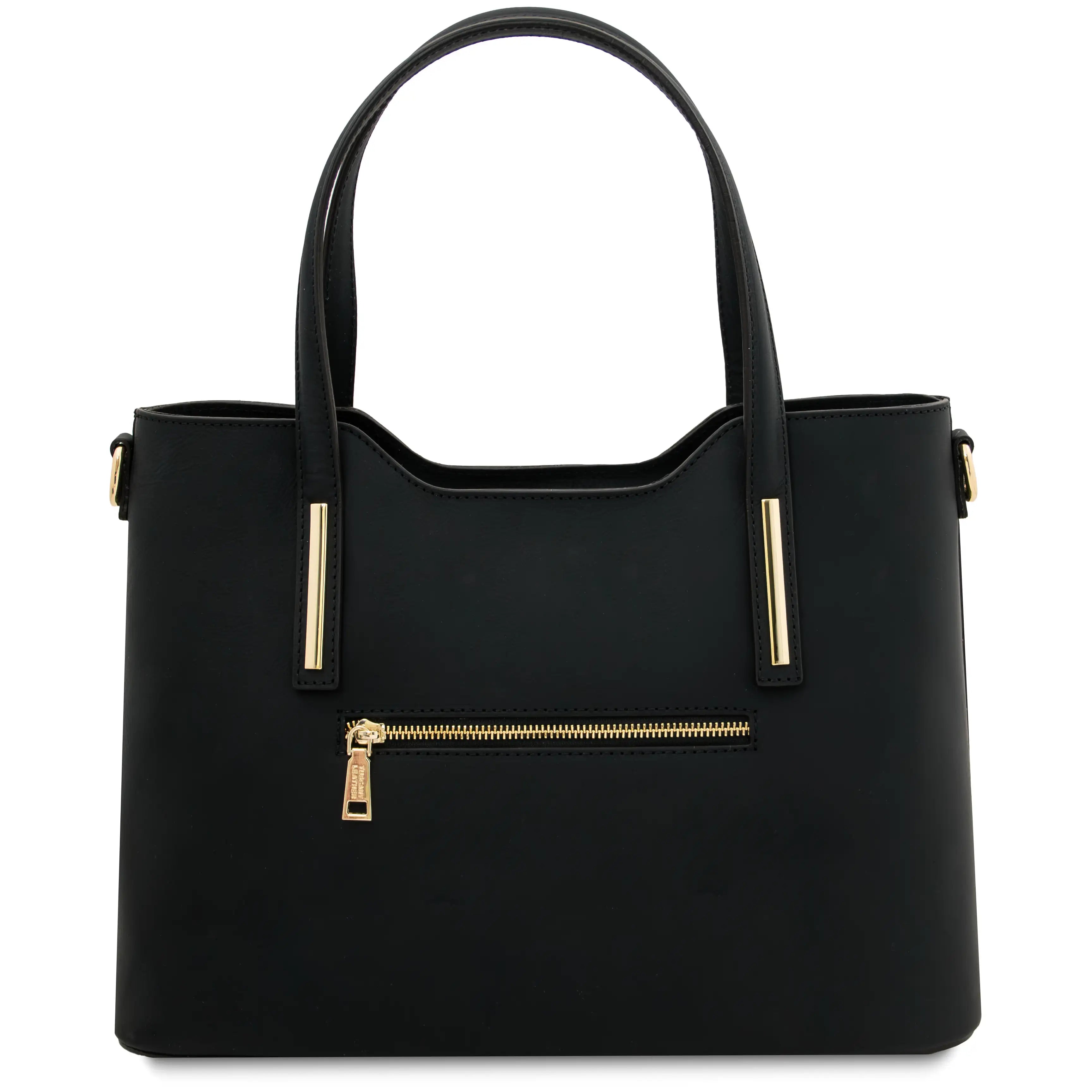Back view Olimpia Leather Tote Bag in Black with zippered pocket