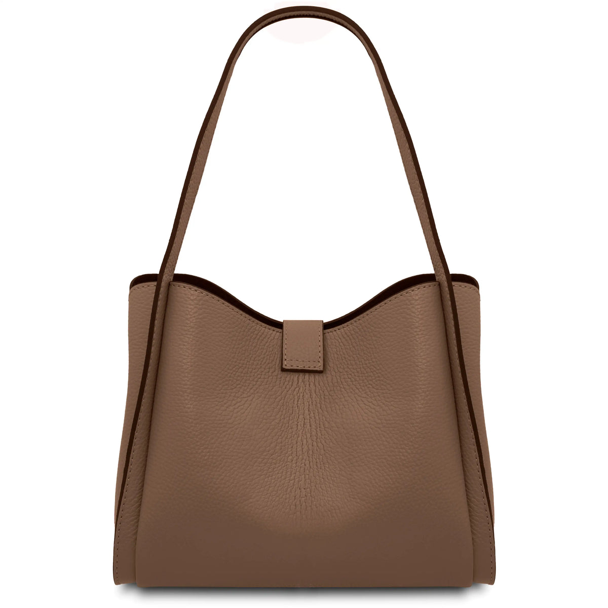 A dark taupe pebbled leather bag with a single top handle and a small front tab detail, shown against a plain white background.