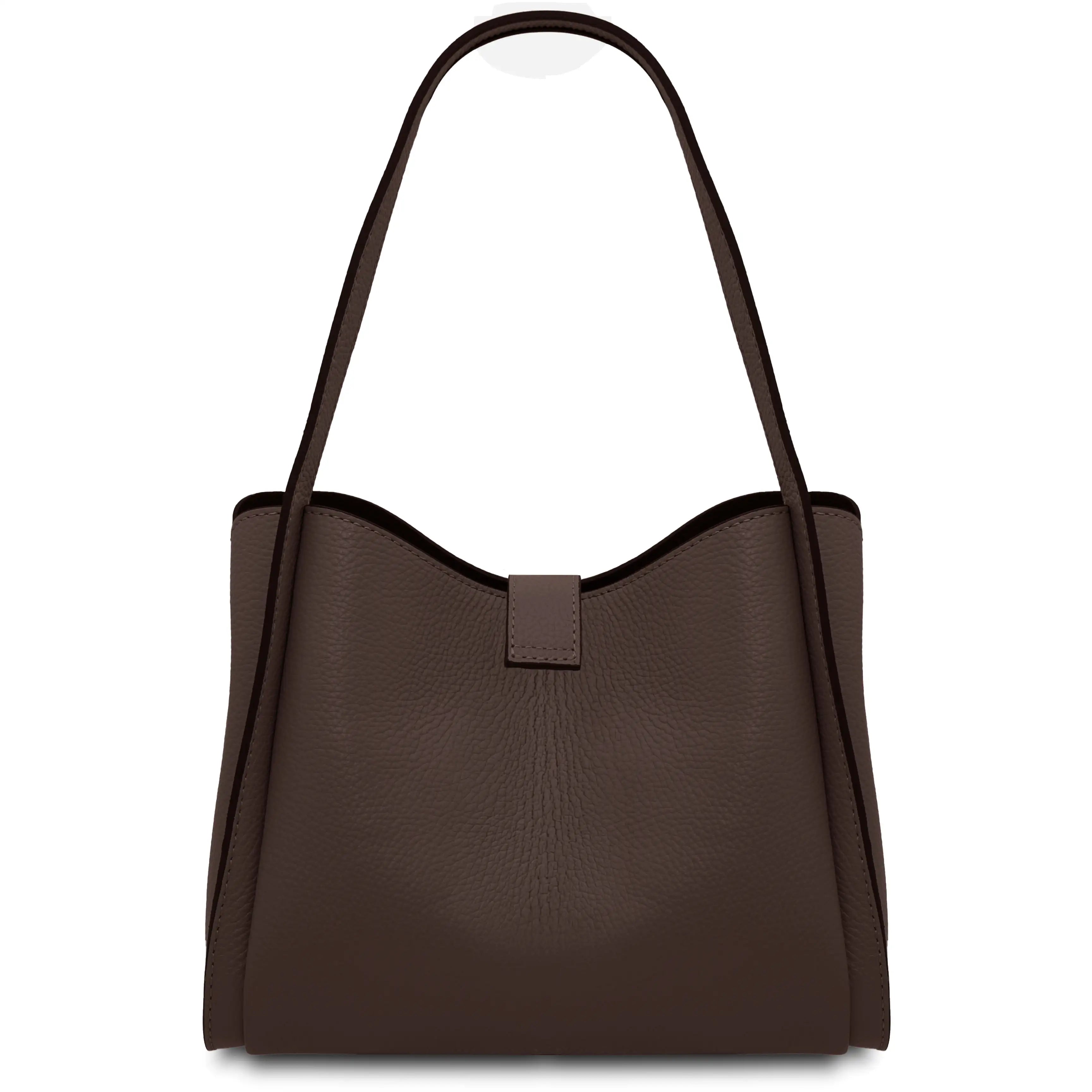 Rear view dark brown textured leather shoulder bag with a single shoulder strap shown against a plain white background.