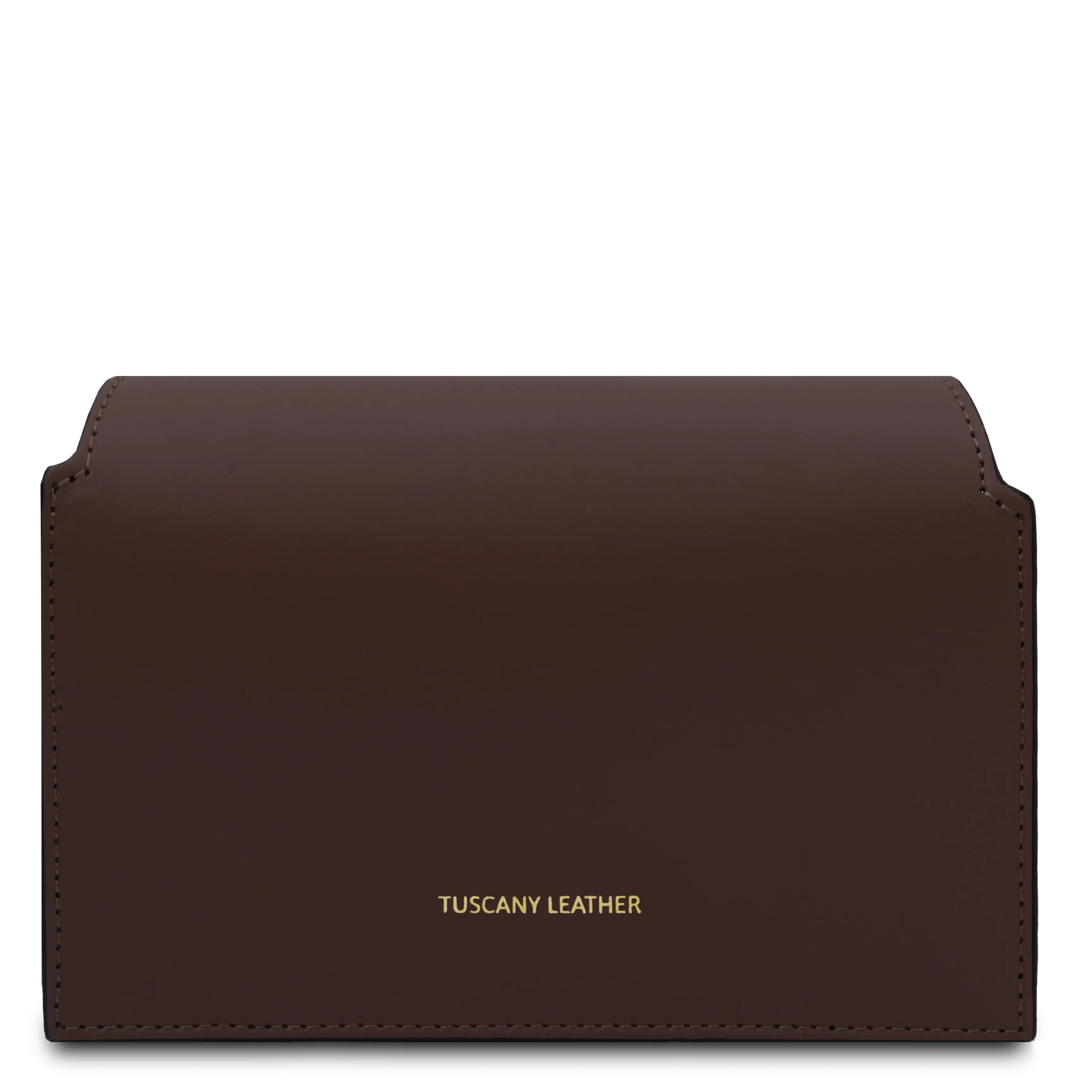 A chocolate  leather card holder or wallet with gold foil branding that reads 'TUSCANY LEATHER' on the back, set against a plain white background.