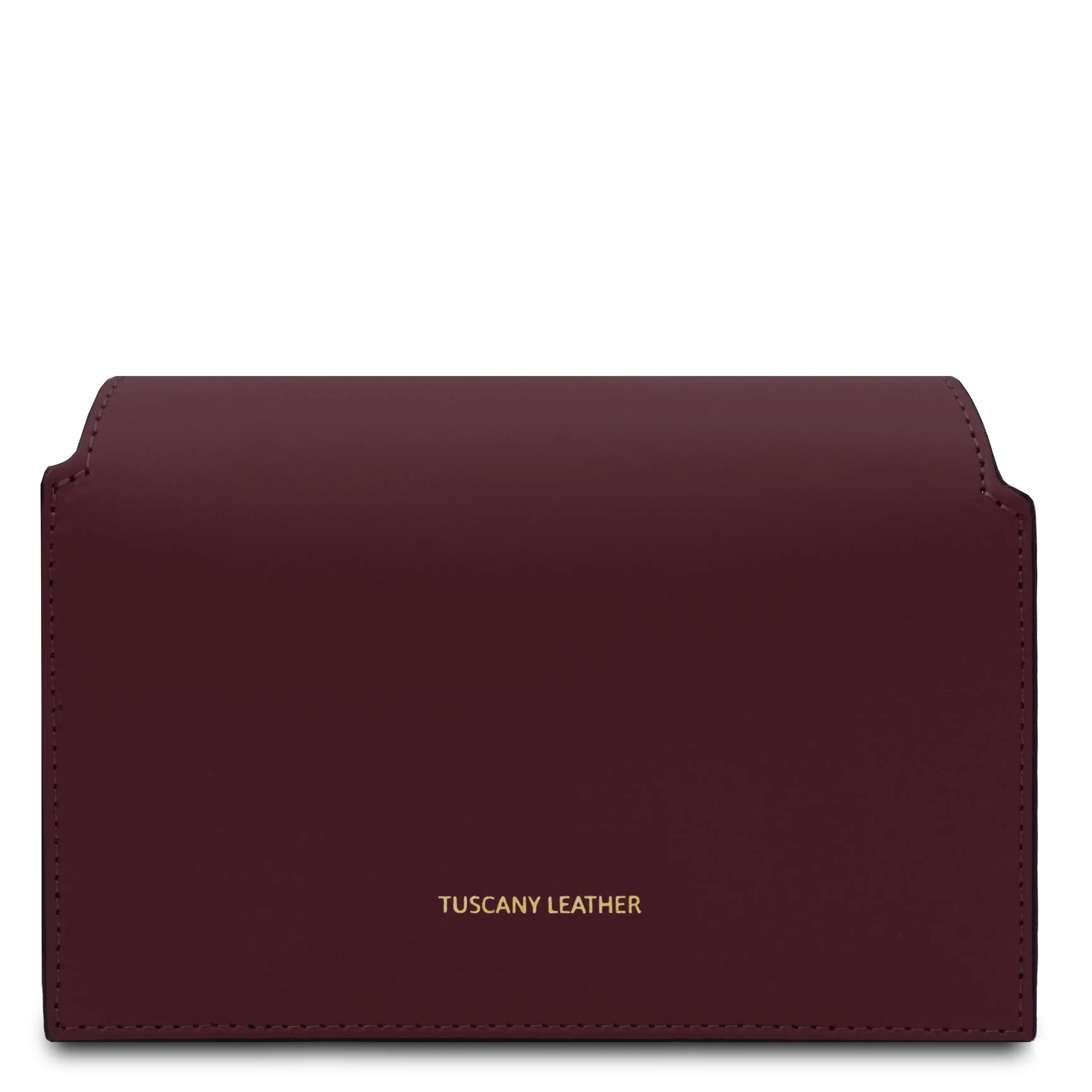 A bordeaux leather wallet with gold foil 'TUSCANY LEATHER' branding, shown against a plain white background.