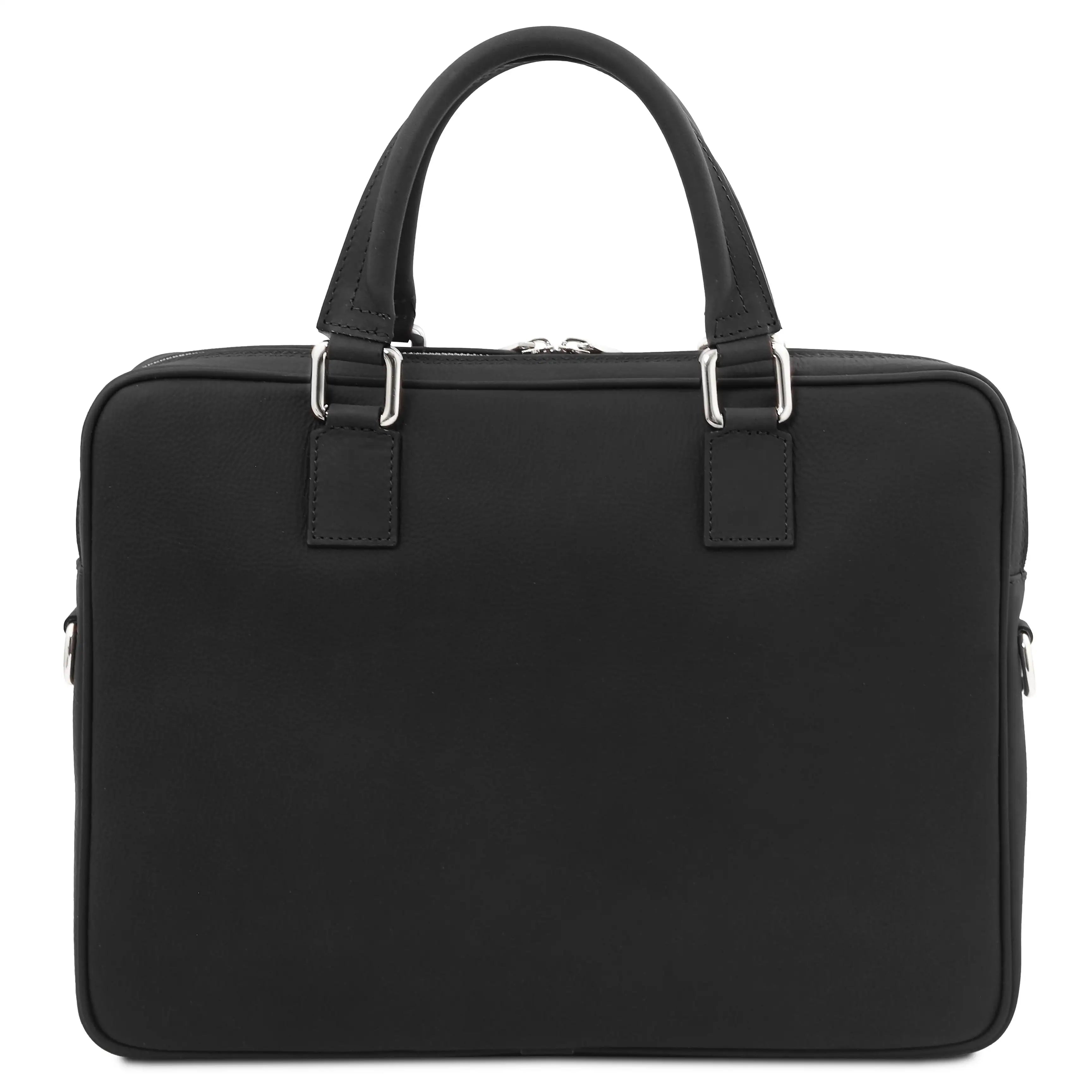 Back view black briefcase with handle on a white background