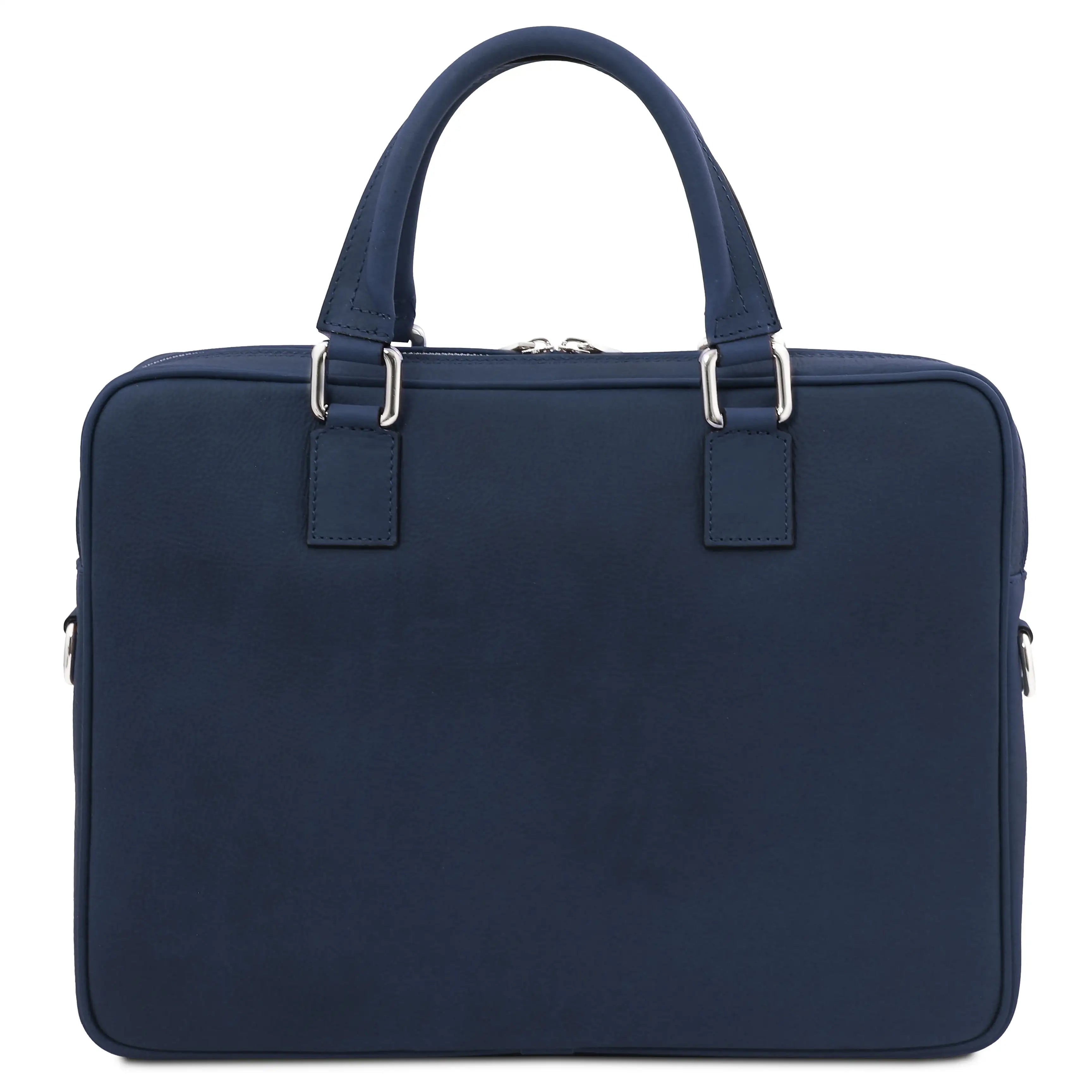 Back view dark blue Ferrara Leather Laptop Briefcase on a white background 