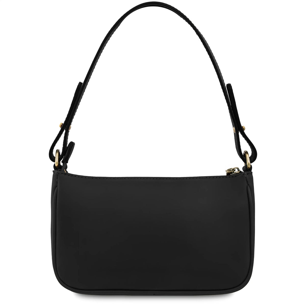 Back of black handbag with a strap on a white background