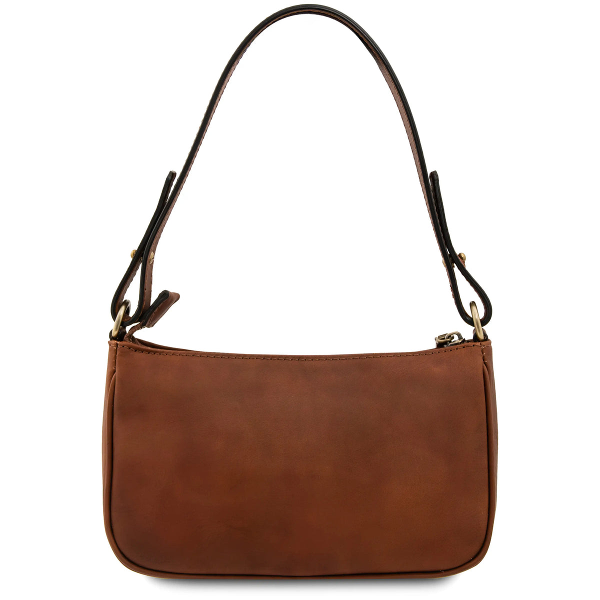 Back of a brown leather handbag with a shoulder strap on a white background