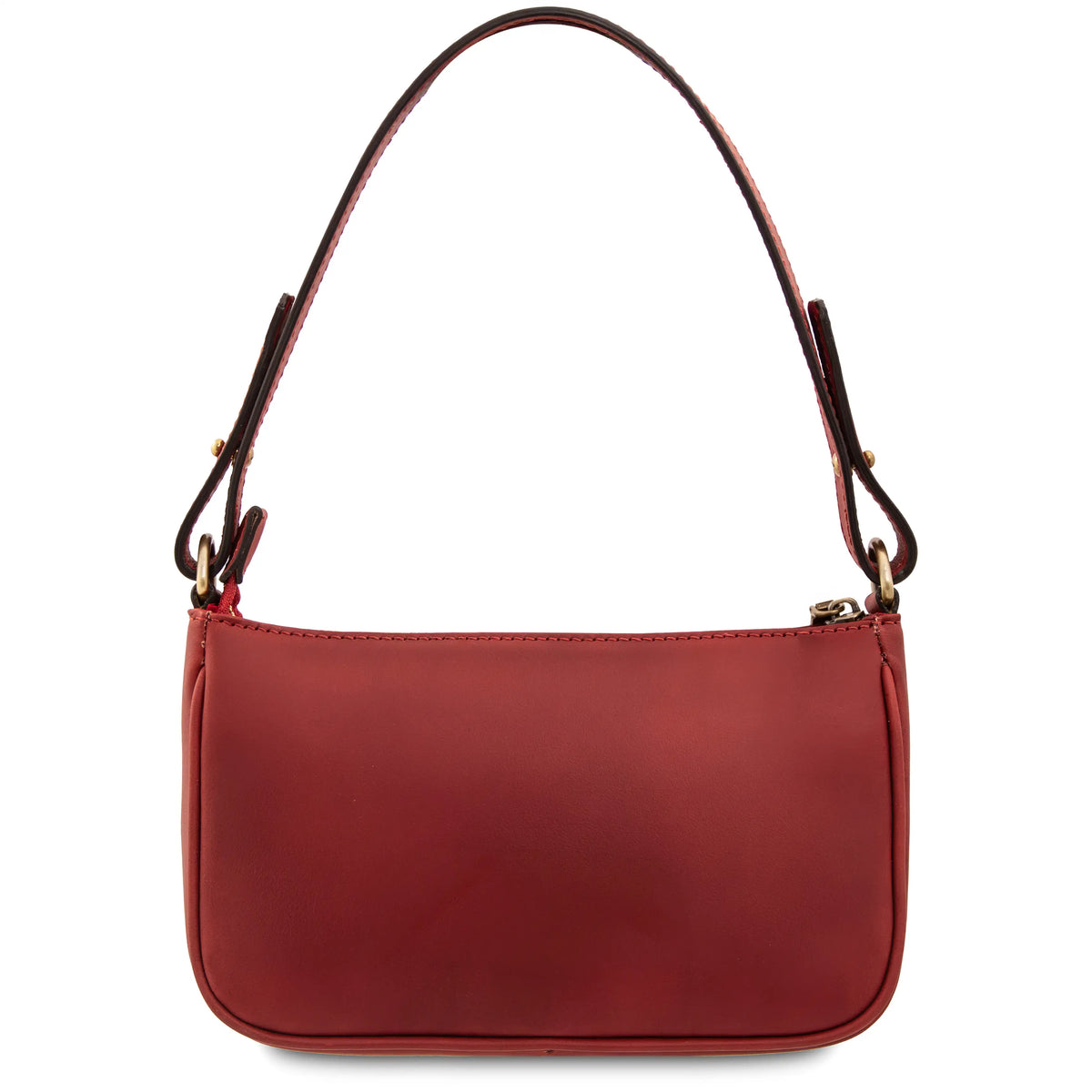 Back of red handbag with a brown strap on a white background
