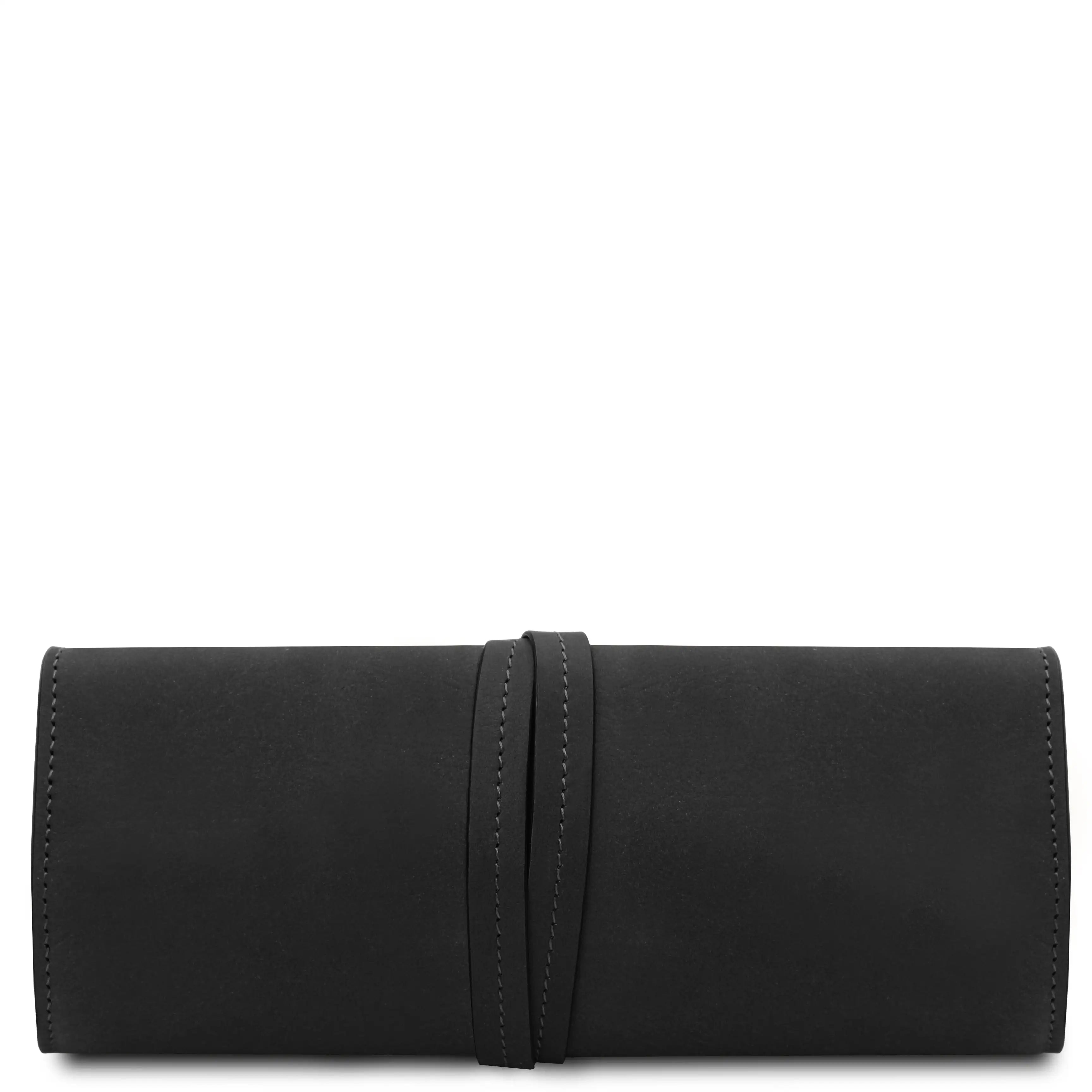 Back wrapped tie closure view Structured Italian Leather Jewelry Case in black