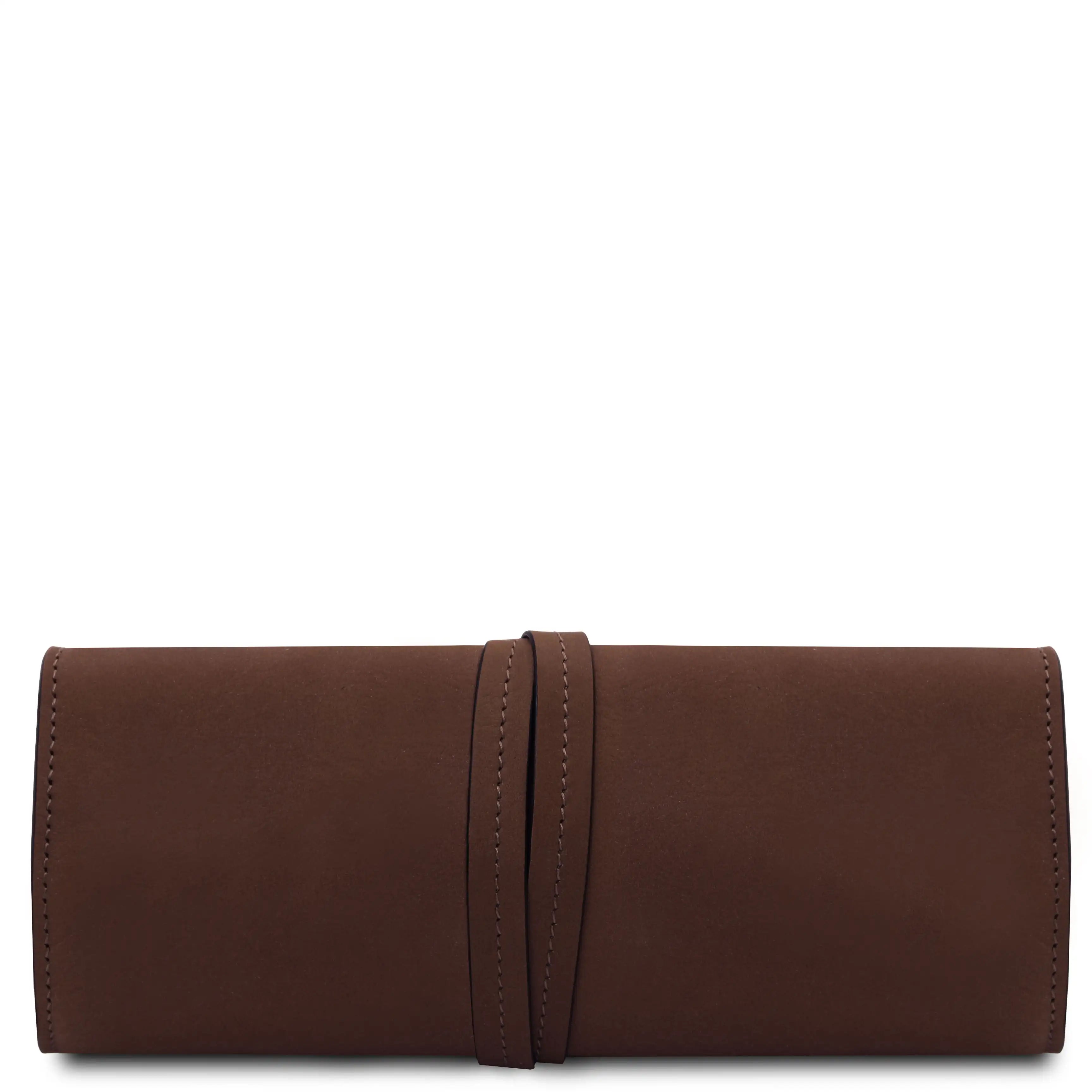 Back wrapped tie closure view Structured Italian Leather Jewelry Case in dark brown