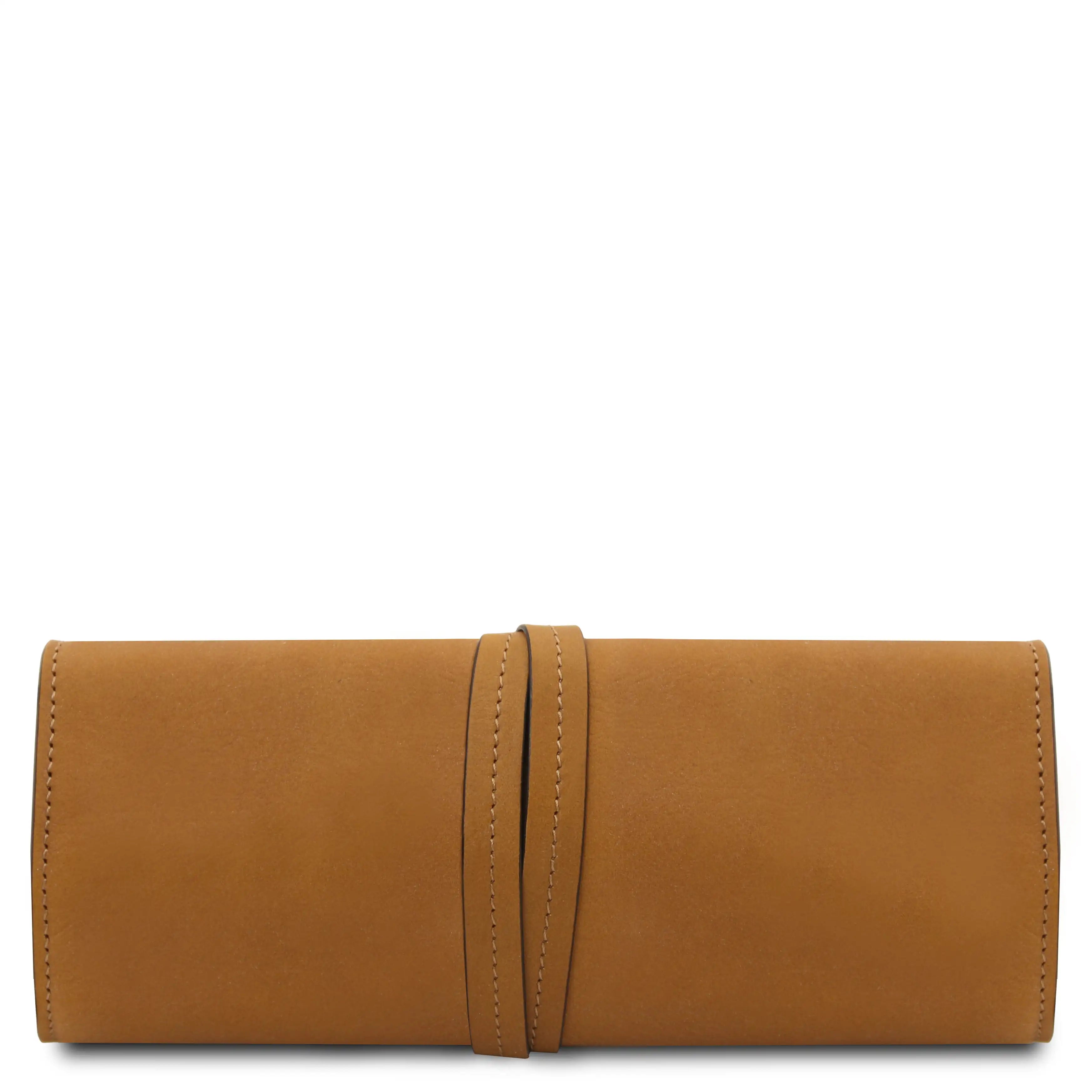 Back wrapped tie closure view Structured Italian Leather Jewelry Case in dark natural