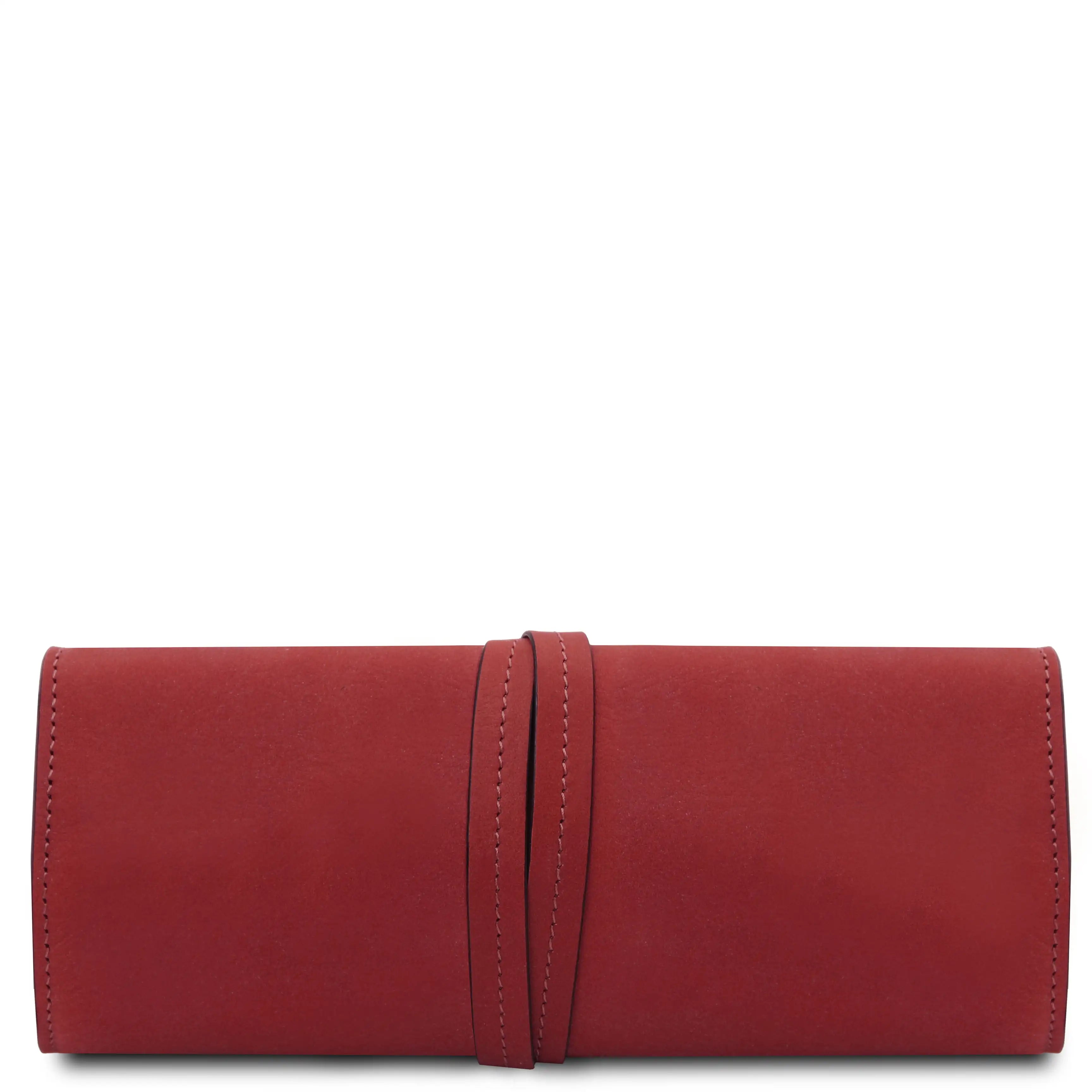 Back wrapped tie closure view Structured Italian Leather Jewelry Case in red