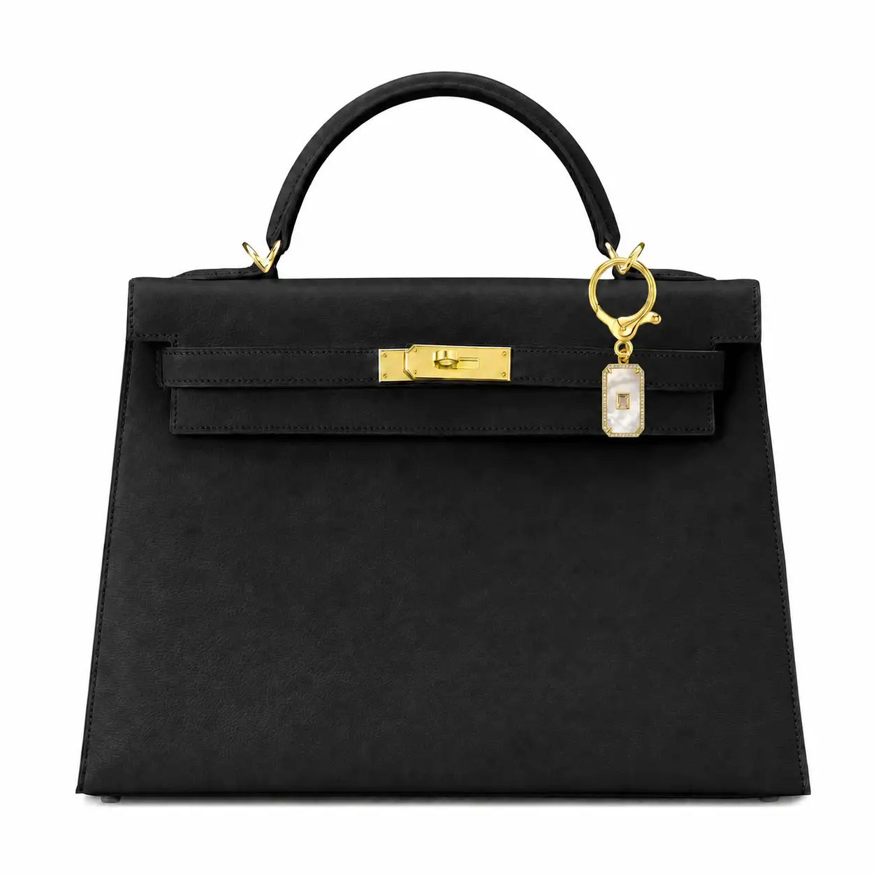 A black textured leather top-handle handbag with gold-tone hardware, featuring a front strap closure, a rectangular lock, and a hanging charm a plain white background.