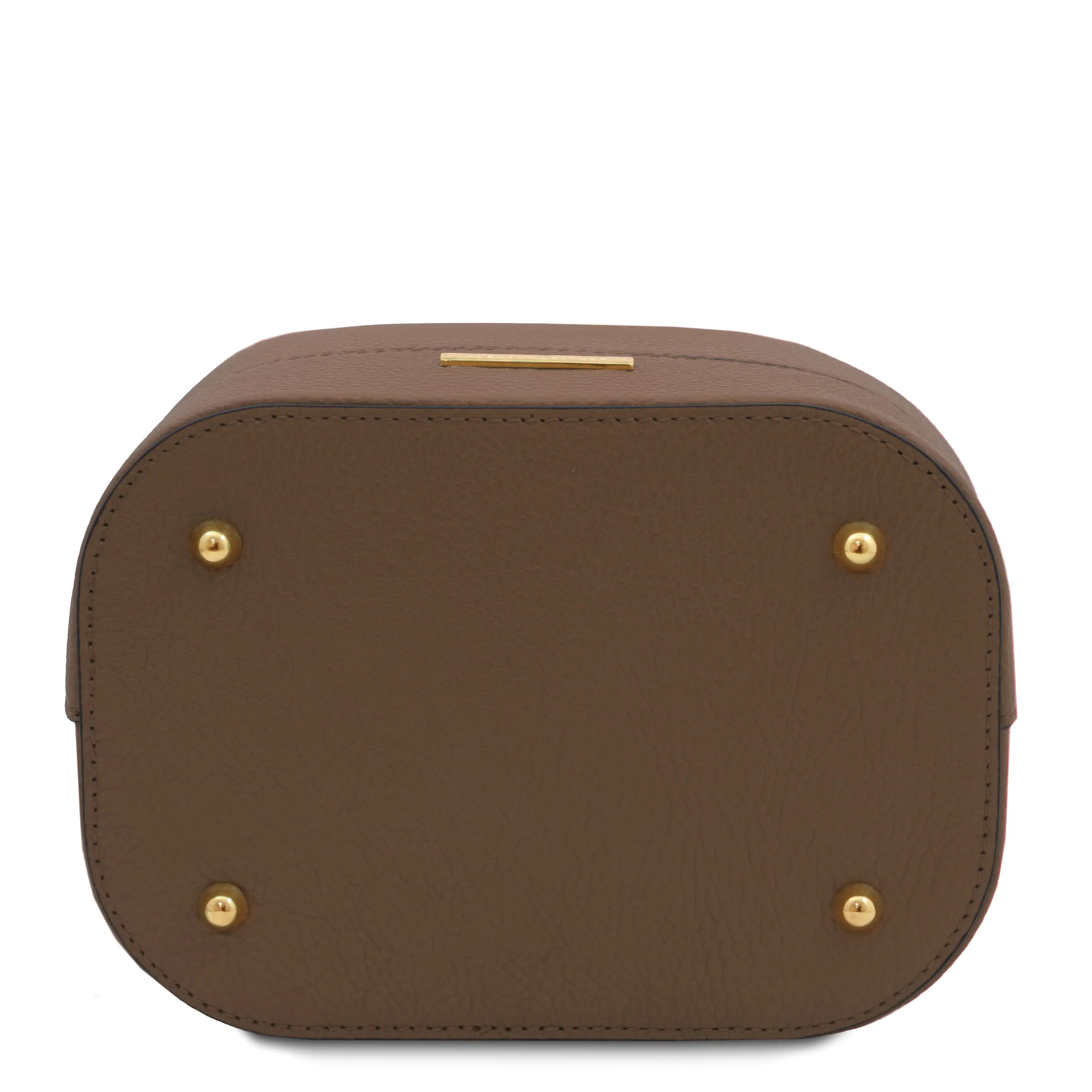 Bottom View TL Leather Bucket Bag Dark Taupe with four gold protective feet