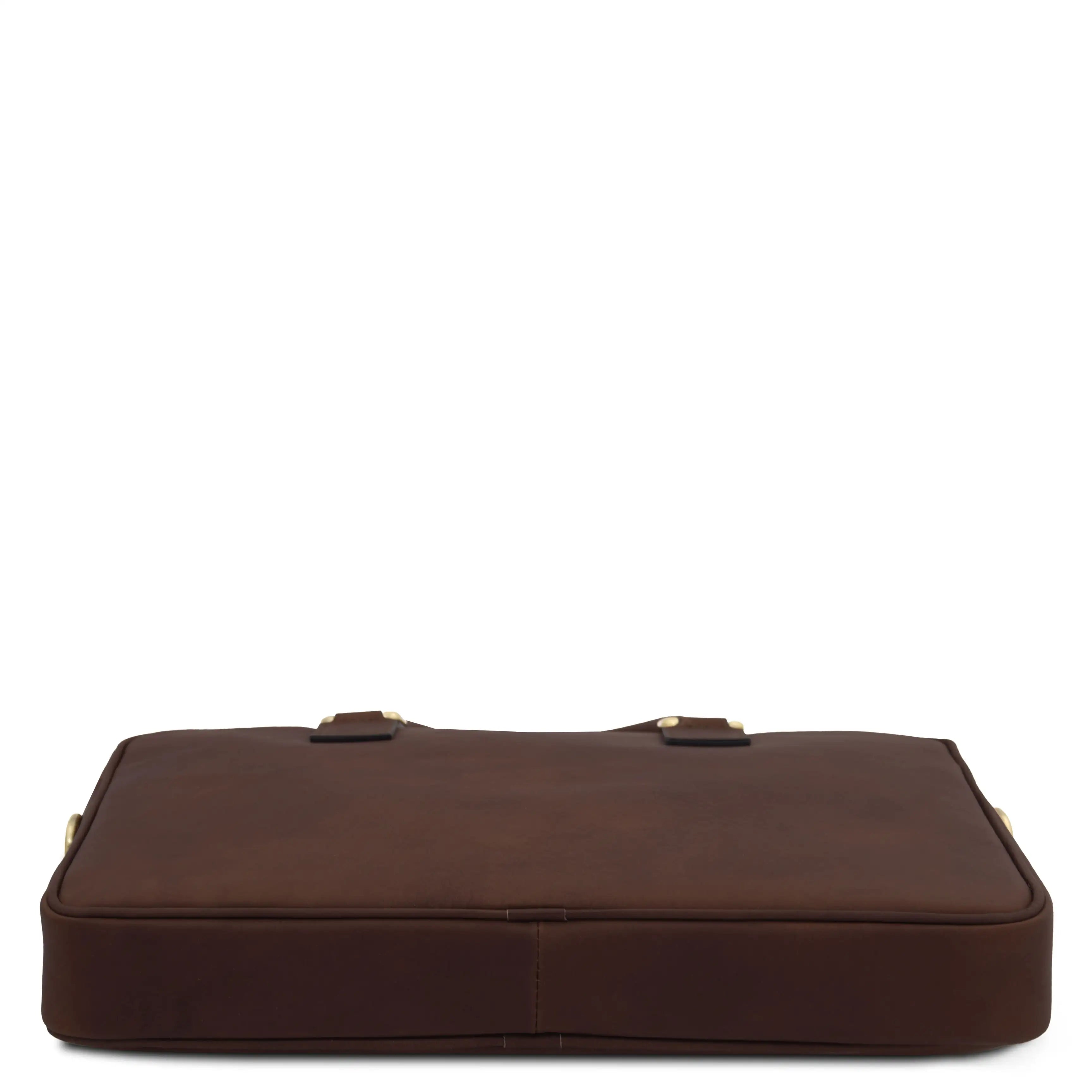 Bottom view Ferrara Leather Laptop Briefcase in dark brown on a white background 