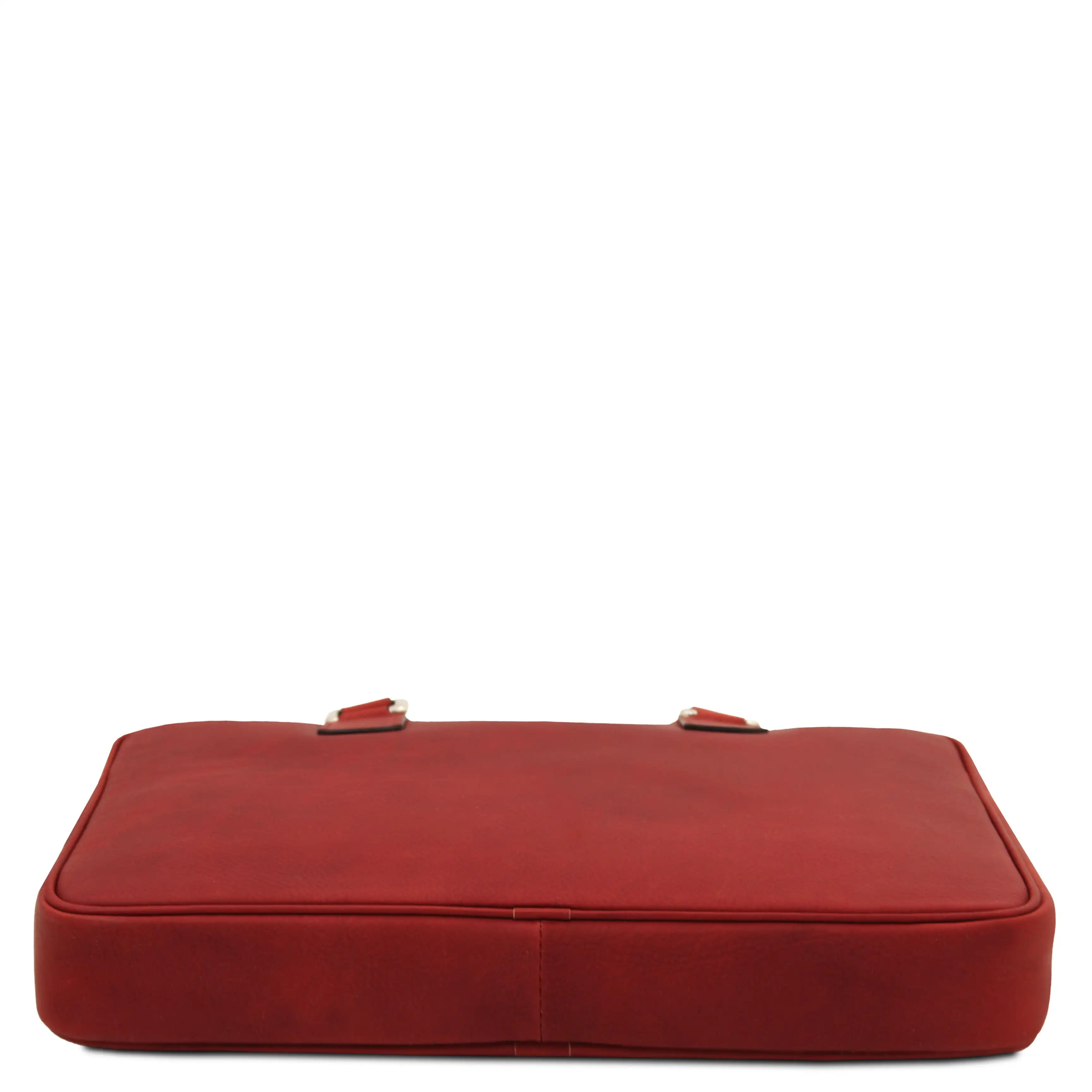 Bottom view Ferrara Leather Laptop Briefcase in red on a white background 