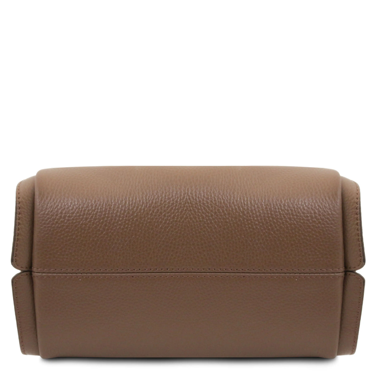 A dark taupe pebbled leather handbag shown from the bottom on a plain white background.