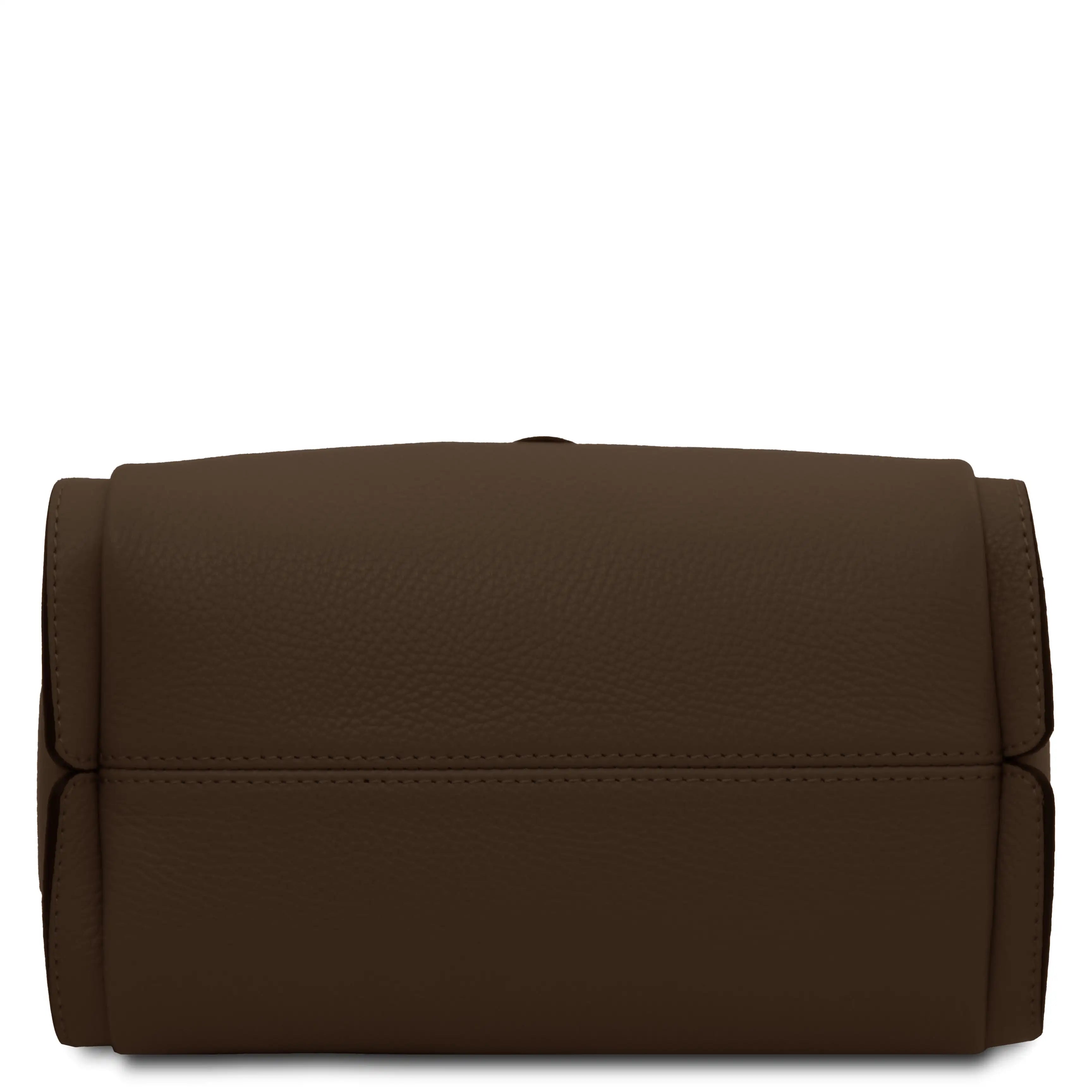 Bottom view dark brown pebbled leather  bag on a plain white background.