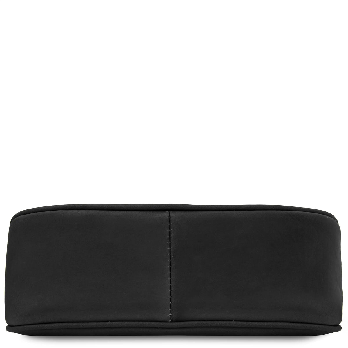 Bottom of a black leather handbag with a vertical stitched seam, shown against a plain white background.