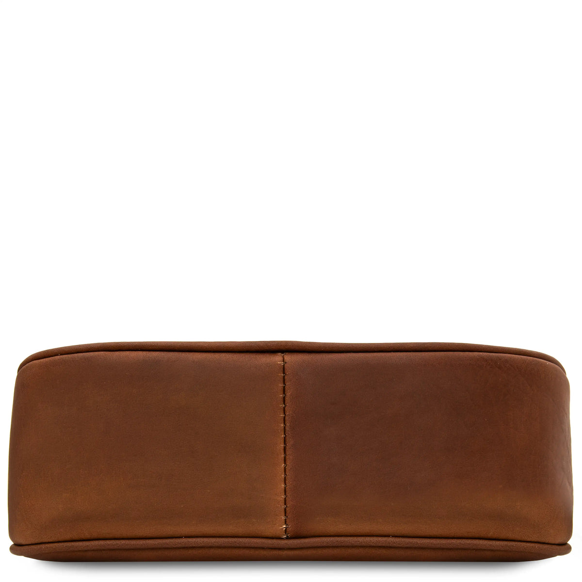 Bottom of a brown leather handbag with a vertical stitched seam, shown against a plain white background.