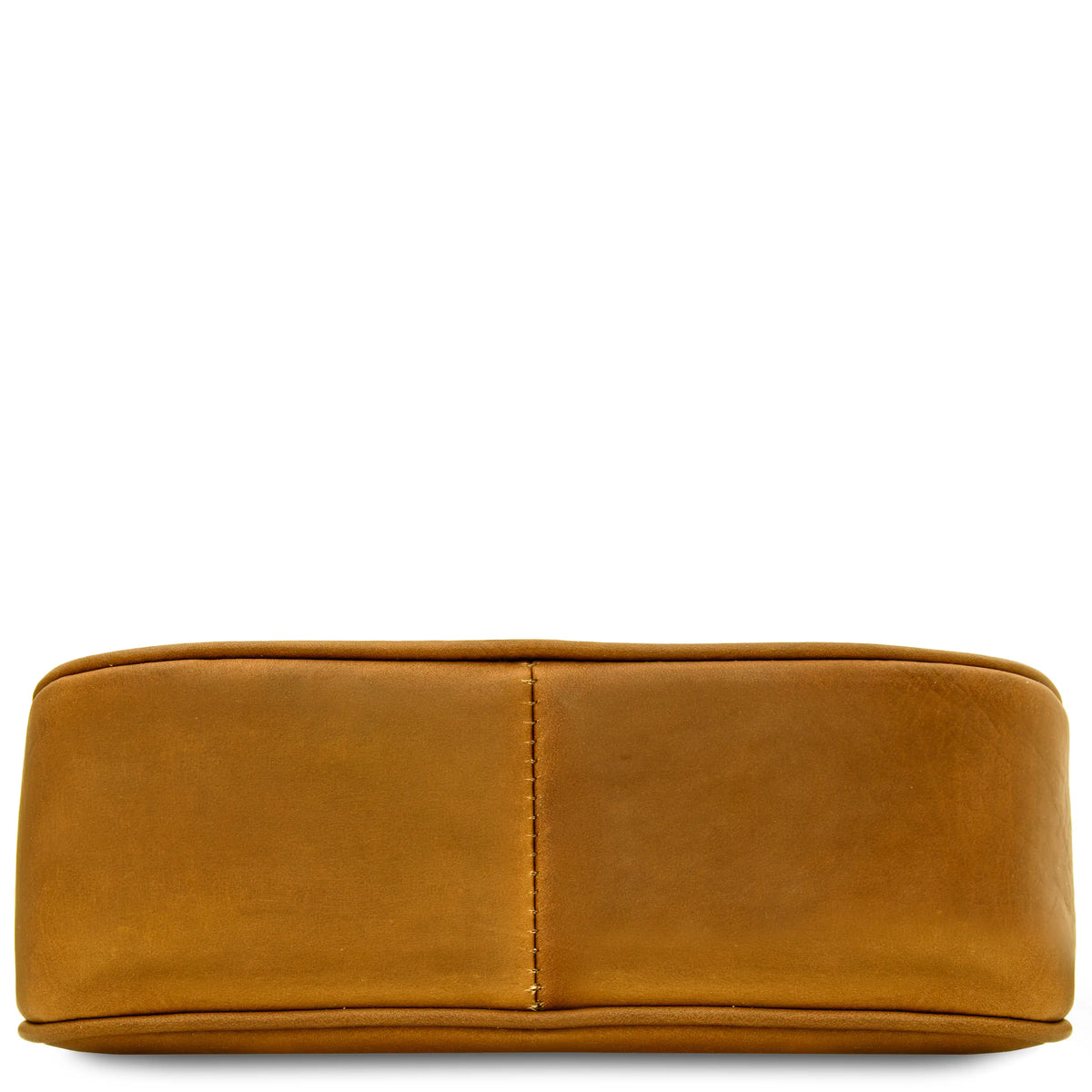 Brown of a natural leather bag on a white background with a vertical stitched seam, on a white background.