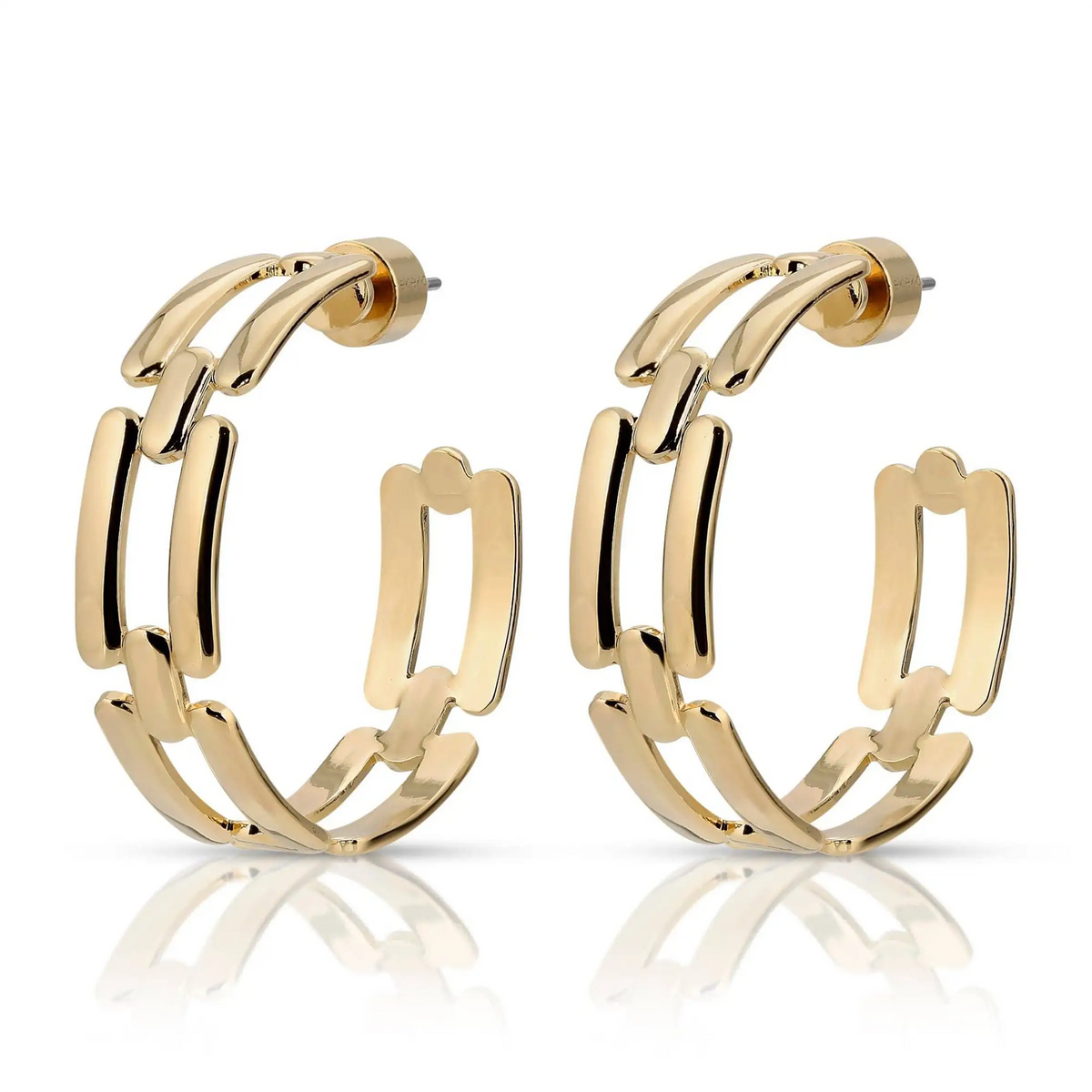A pair of gold hoop earrings with a modern layered link design, displayed on a clean white background with a soft reflection below.