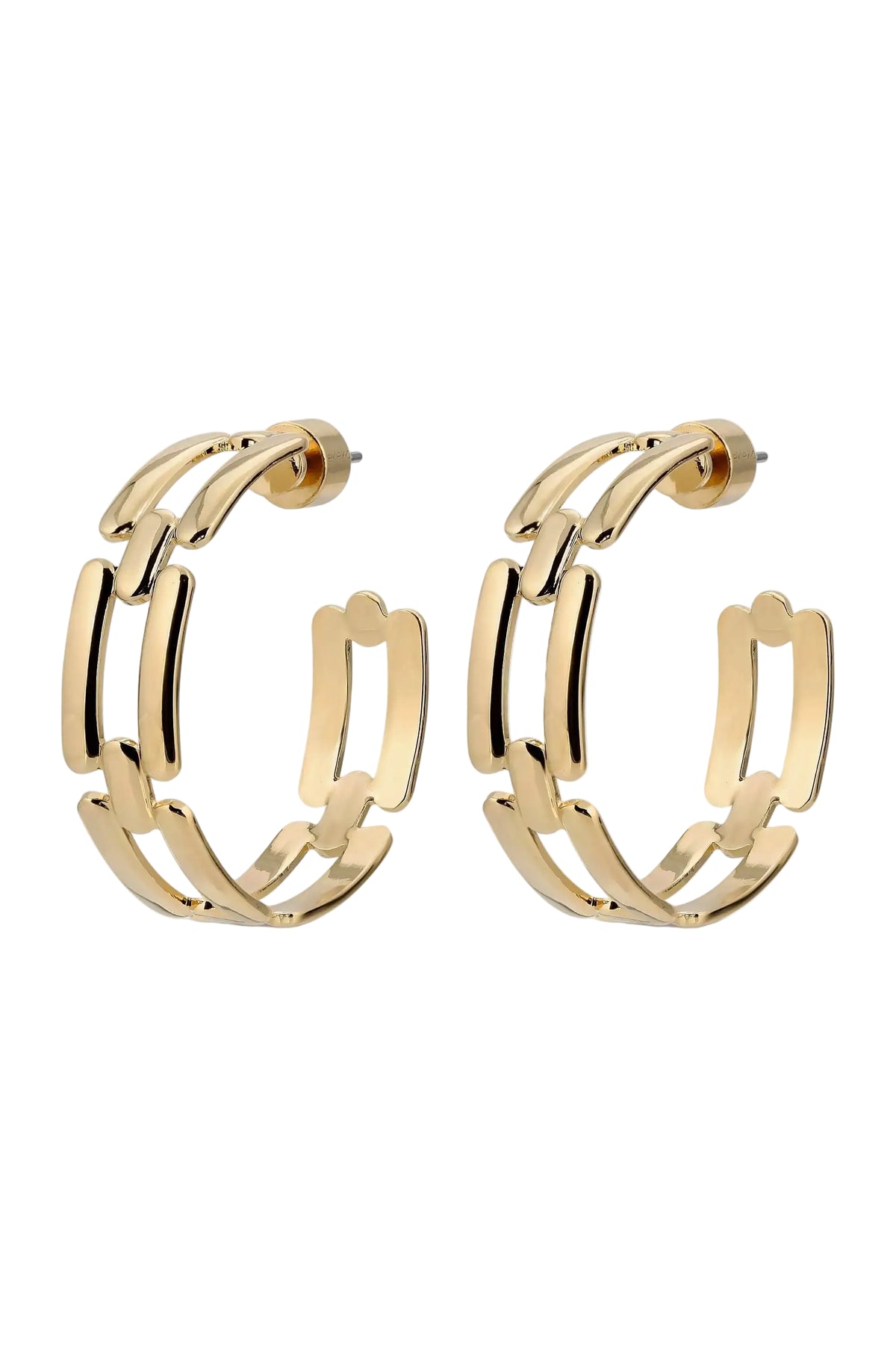 A pair of gold hoop earrings with a modern, multi-layered chain-link design, displayed on a clean white background with a soft reflection below.
