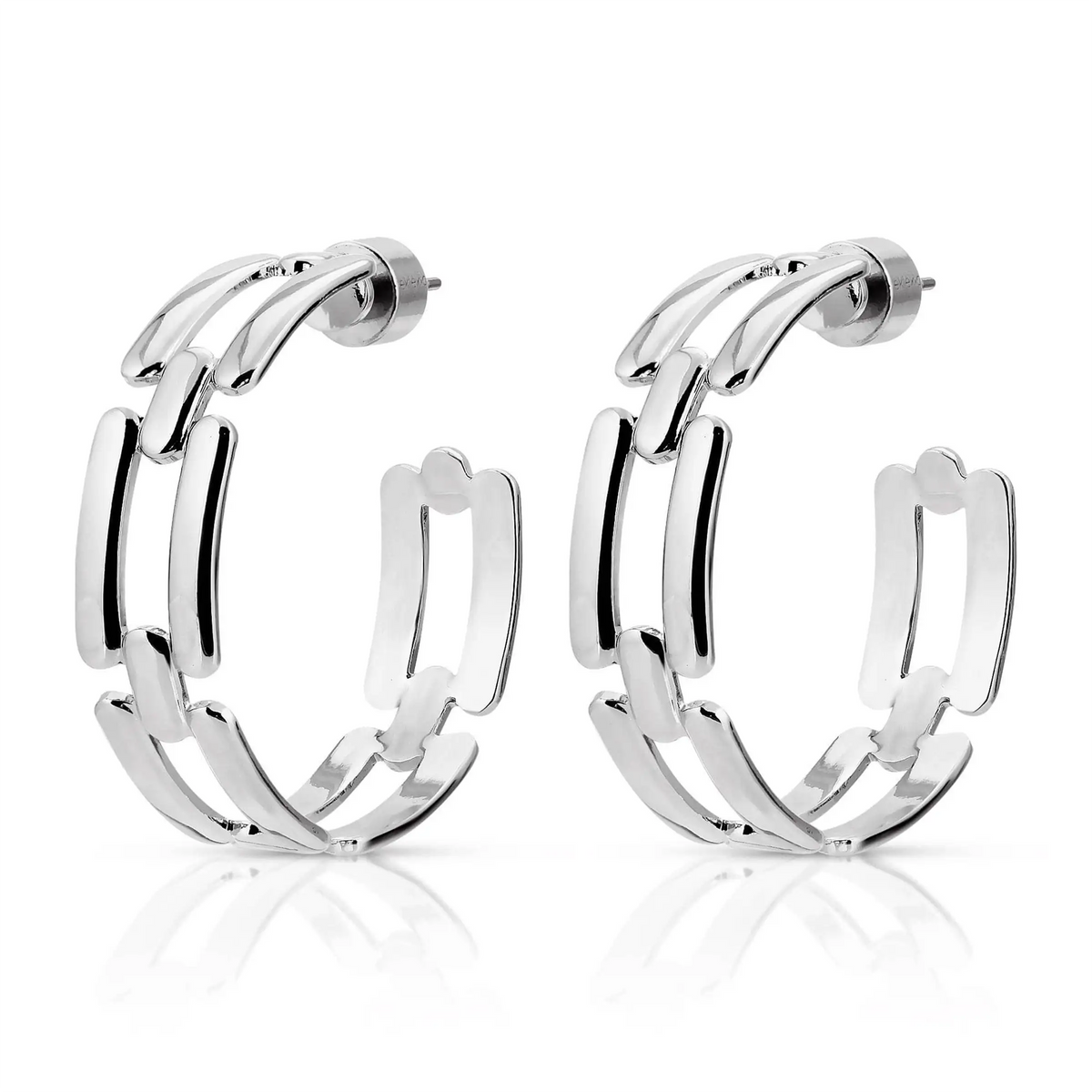 A pair of polished silver hoop earrings with a chain link, multi-bar interlocking design, displayed on a clean white background with a soft reflection below.