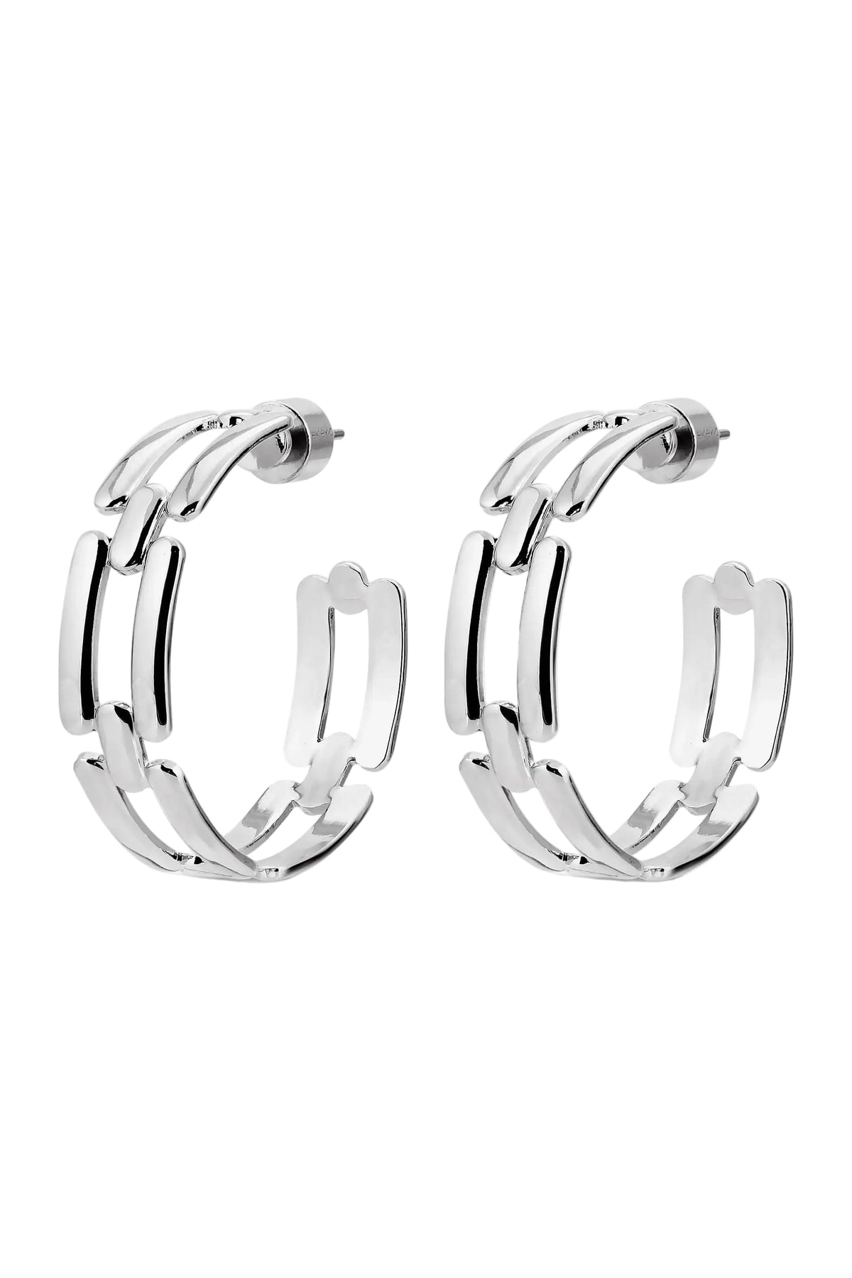 A pair of silver-toned hoop earrings with a modern, layered chain interlock design, displayed on a clean white background with a subtle reflection.