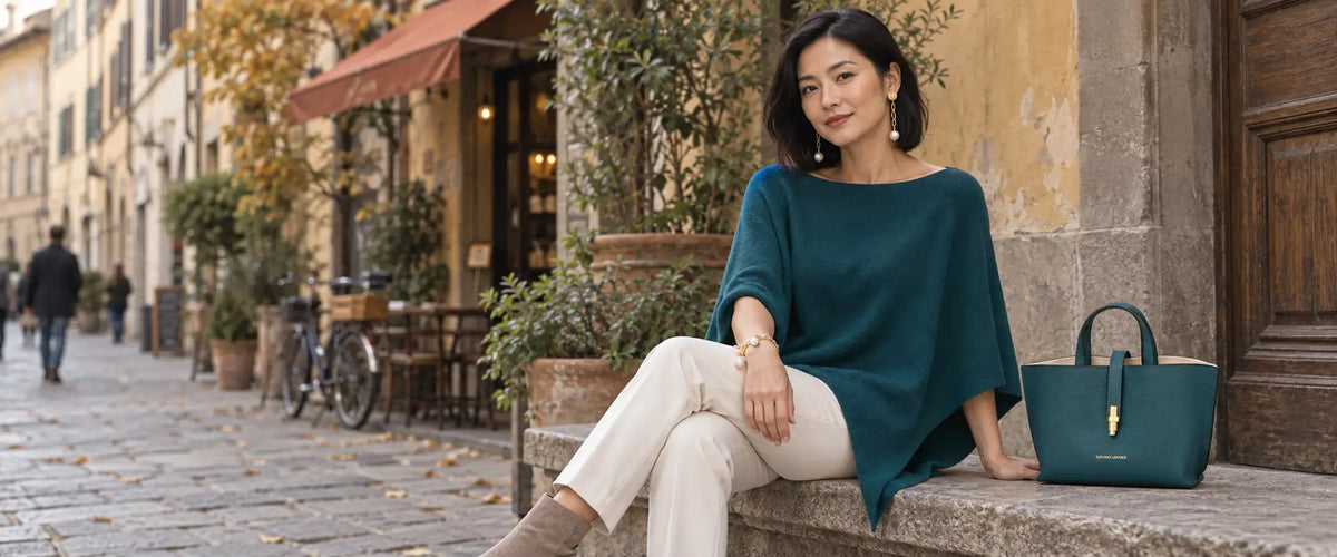 A woman sits on a stone ledge in an outdoor street setting, wearing a teal wide-neck top and cream pants, with a matching teal handbag beside her.