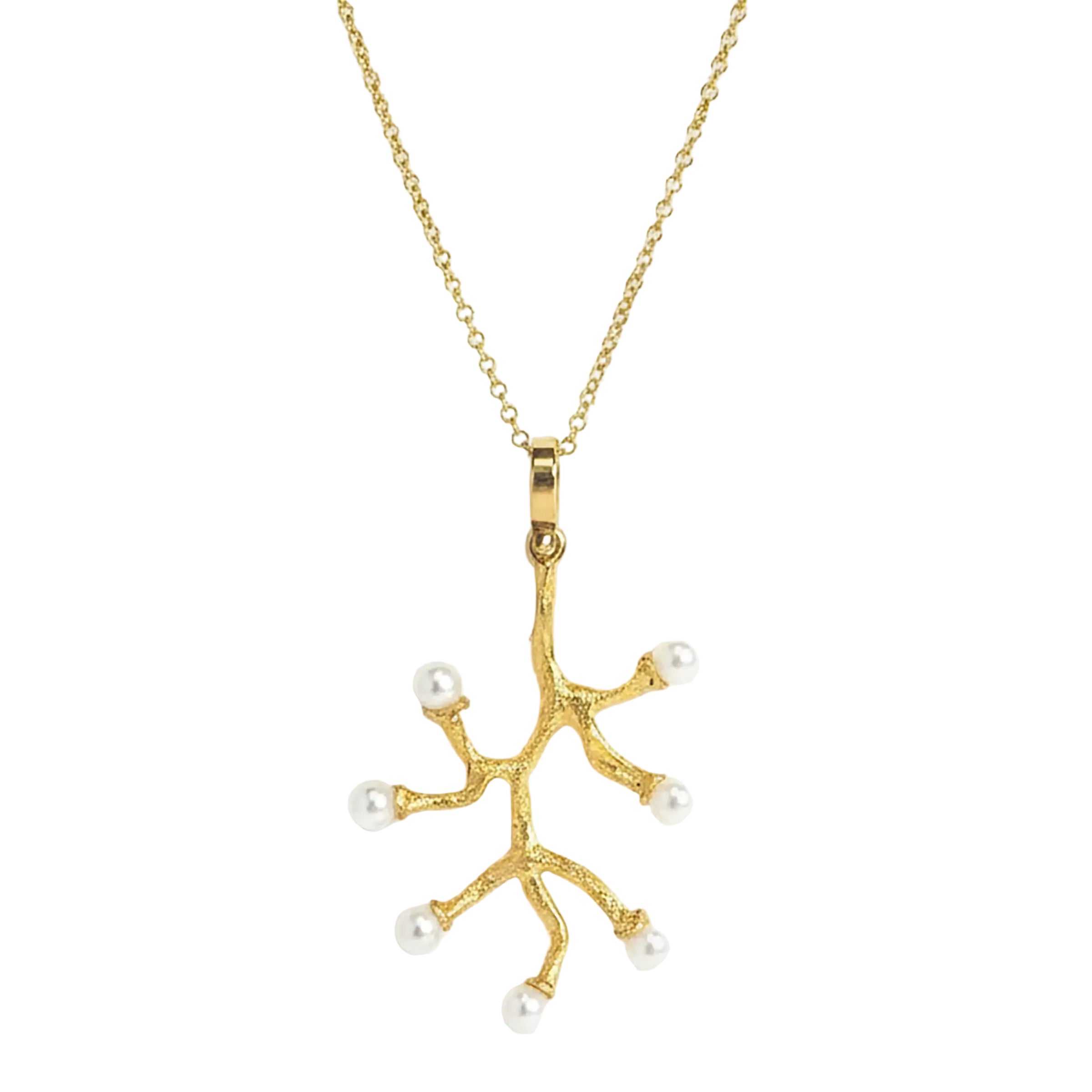 A gold branch-shaped pendant necklace adorned with small white pearls at the tips, displayed on a clean white background.